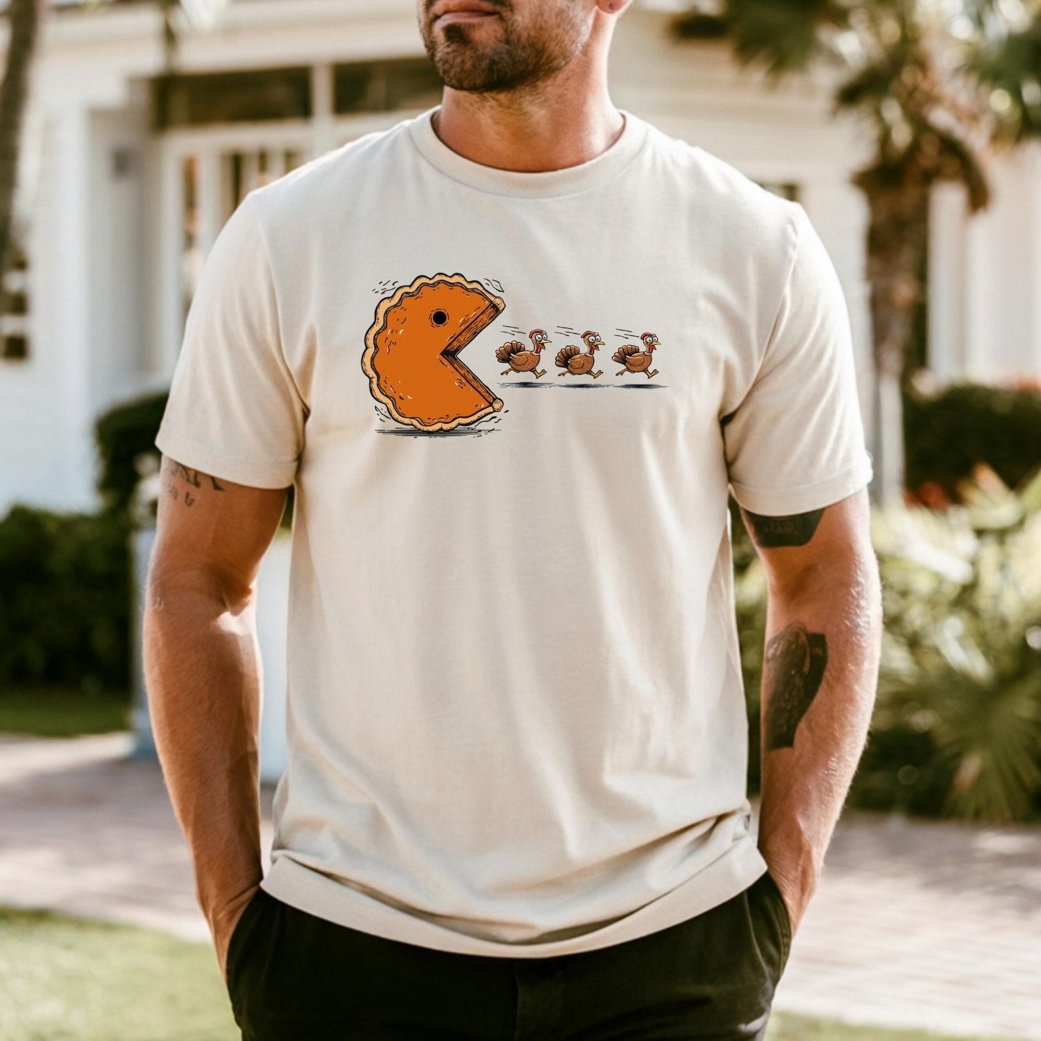 Retro Thanksgiving Pumpkin Pie Chasing Turkey Shirt – Funny Fall Vibes Tee