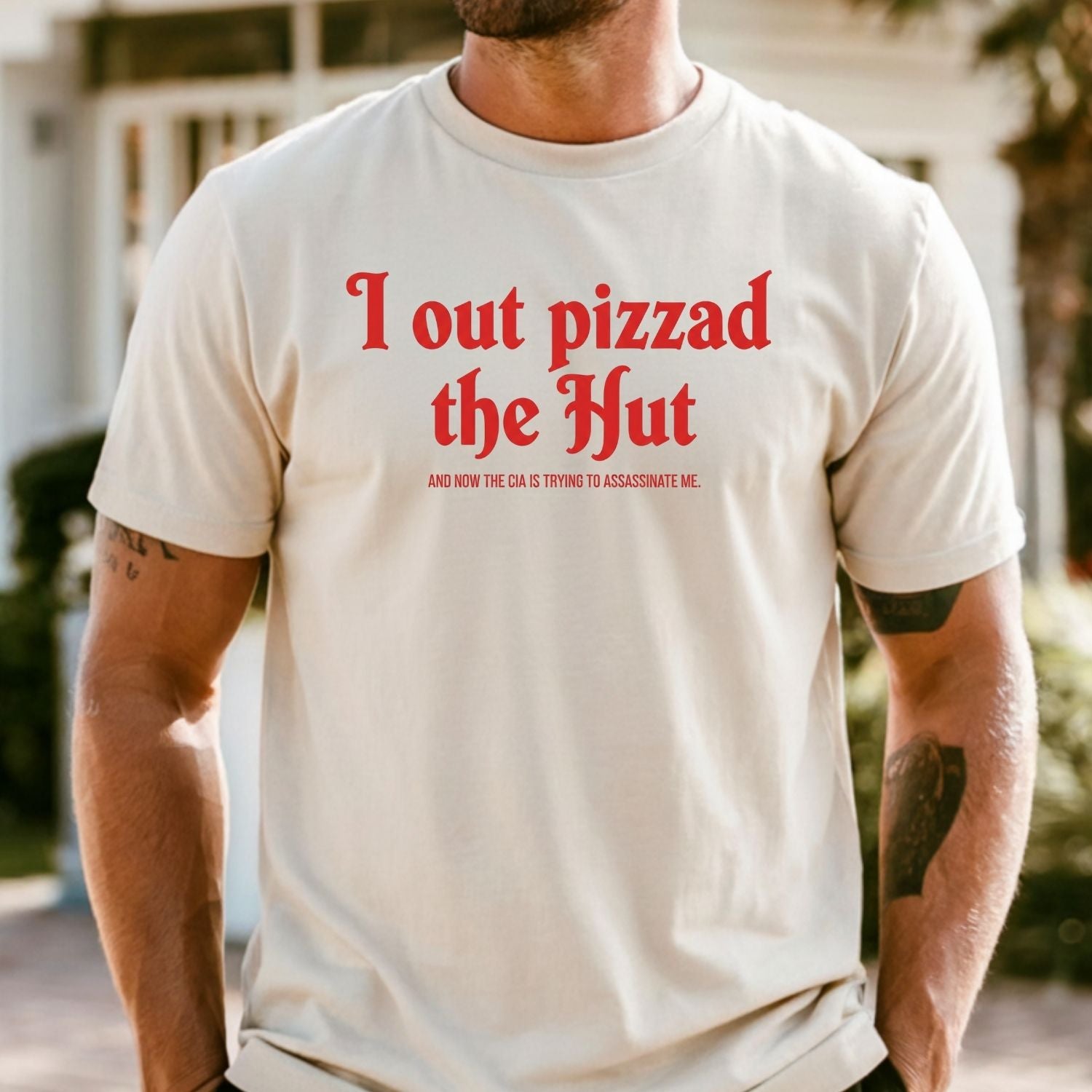 I Out Pizza the Hut CIA Assassinate Me T-Shirt - Retro Y2K Graphic Tee - Funny Internet Humor Shirt for Adults