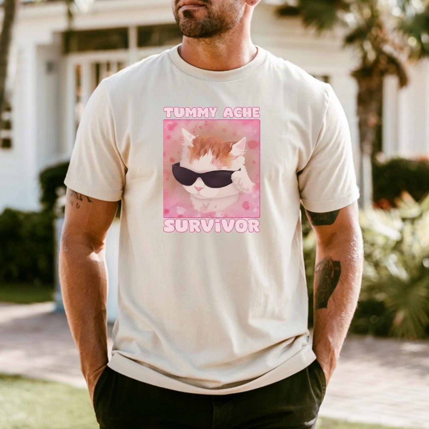 Tummy Ache Survivor Shirt – Funny Cat Meme Tee – Trendy Goofy Cat Graphic for Women