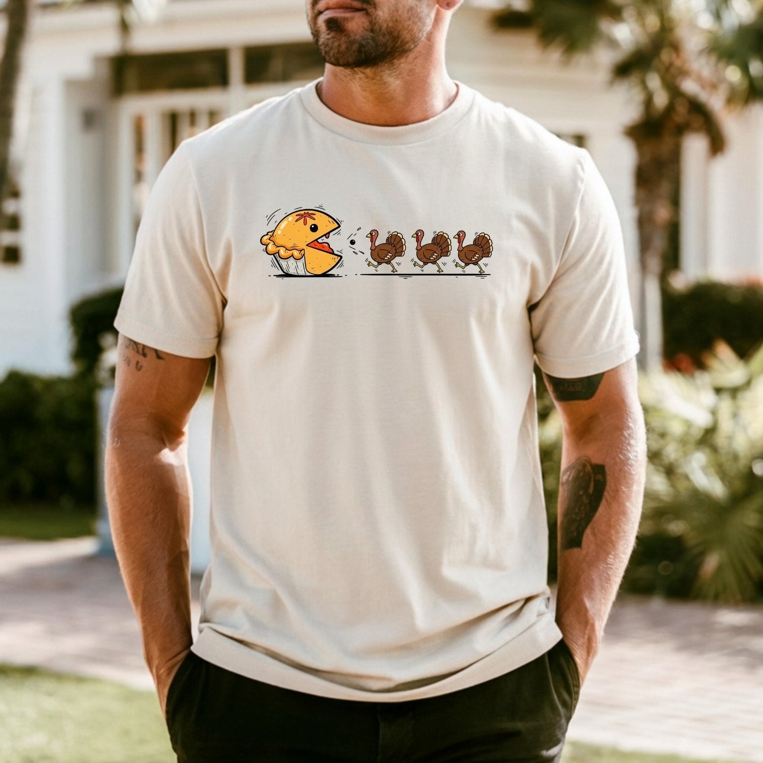 Funny Thanksgiving Shirt – Retro Pumpkin Pie Chasing Turkey Tee