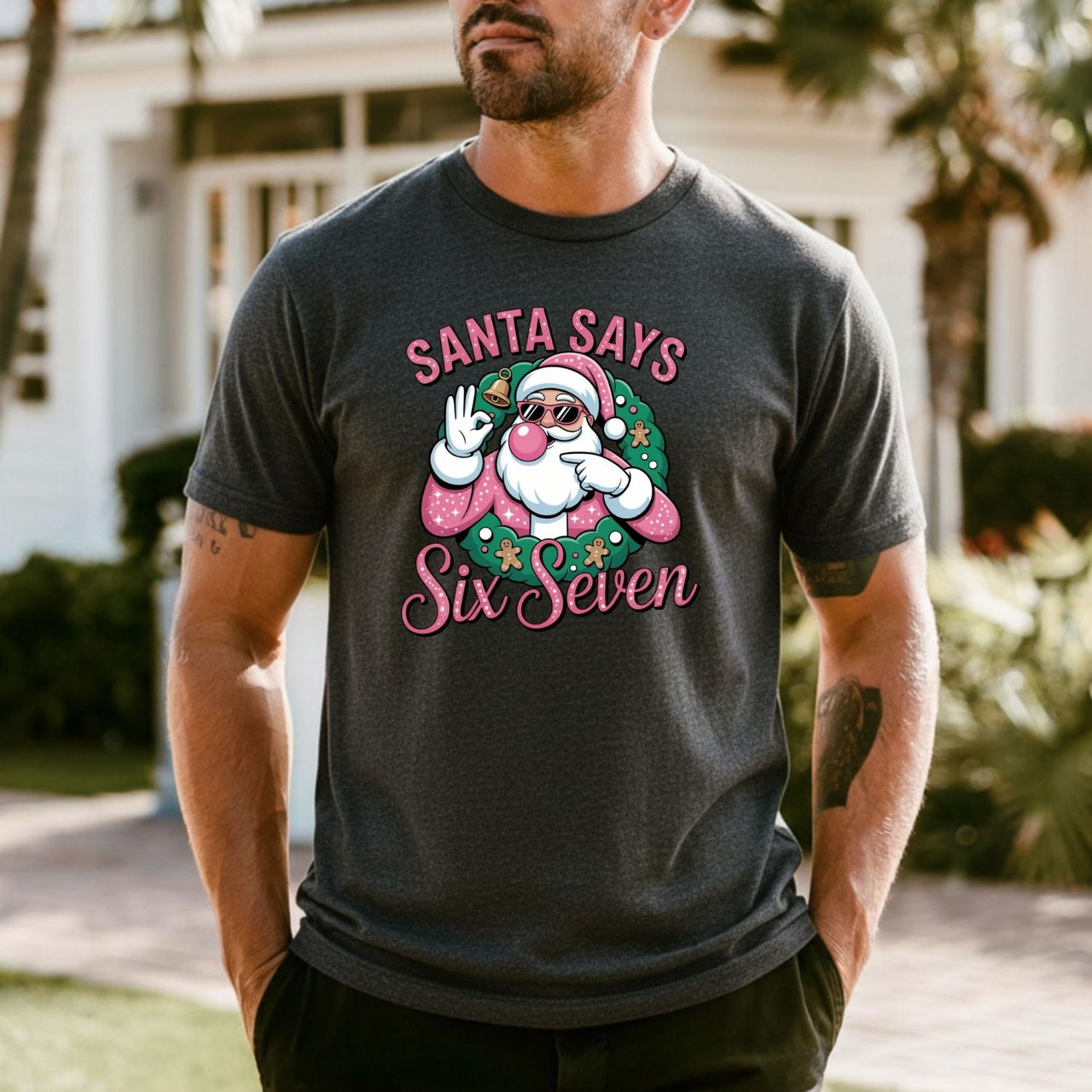 Funny Pink Santa Says Six Seven T-Shirt – Christmas Meme Graphic Tee