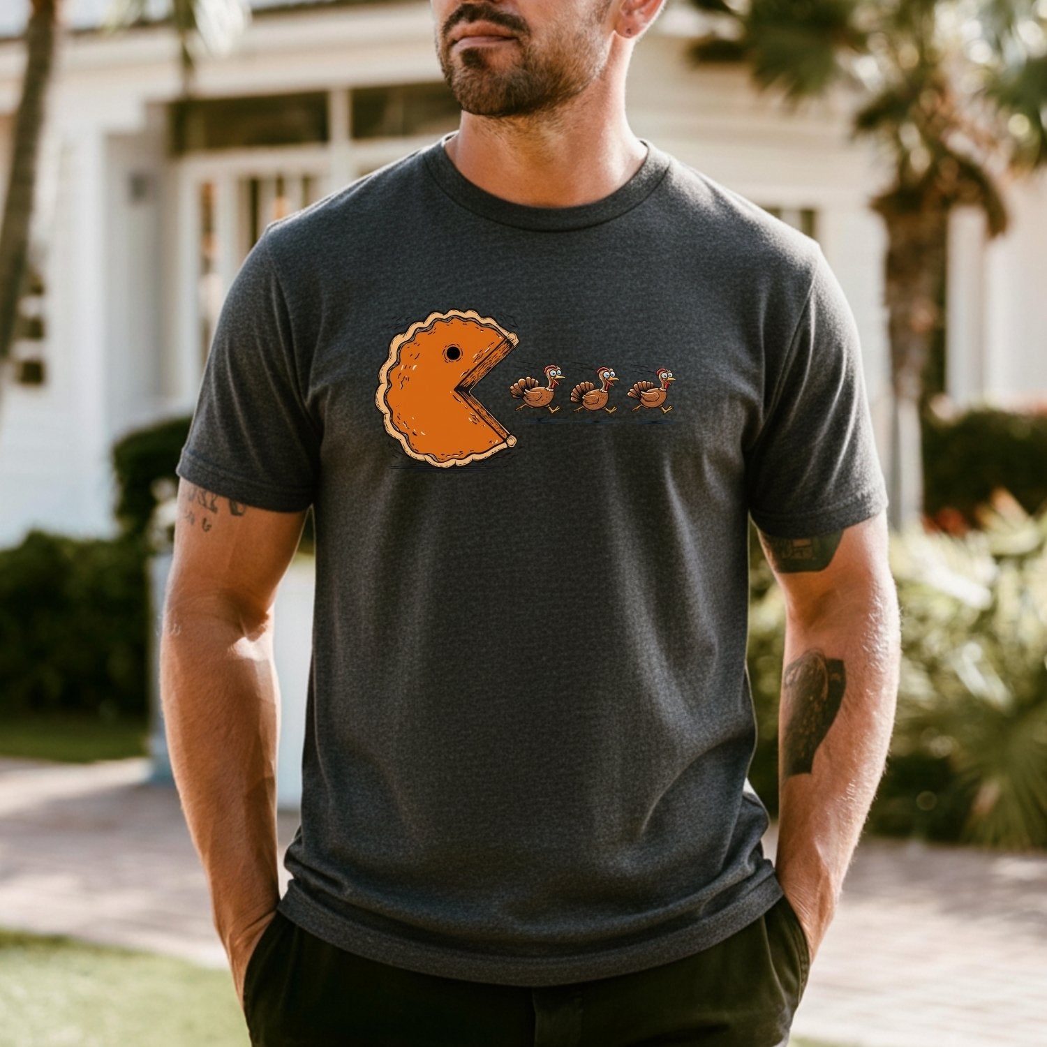 Retro Thanksgiving Pumpkin Pie Chasing Turkey Shirt – Funny Fall Vibes Tee