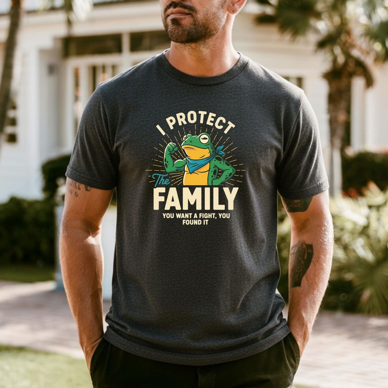 I Protect Family Frog Graphic Tee – No Kings in America Funny Satire Tee