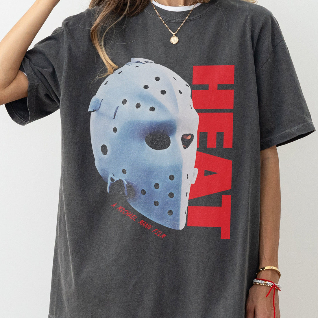 Retro 90s Action Graphic Tee – Heat-Inspired Hockey Mask T-Shirt