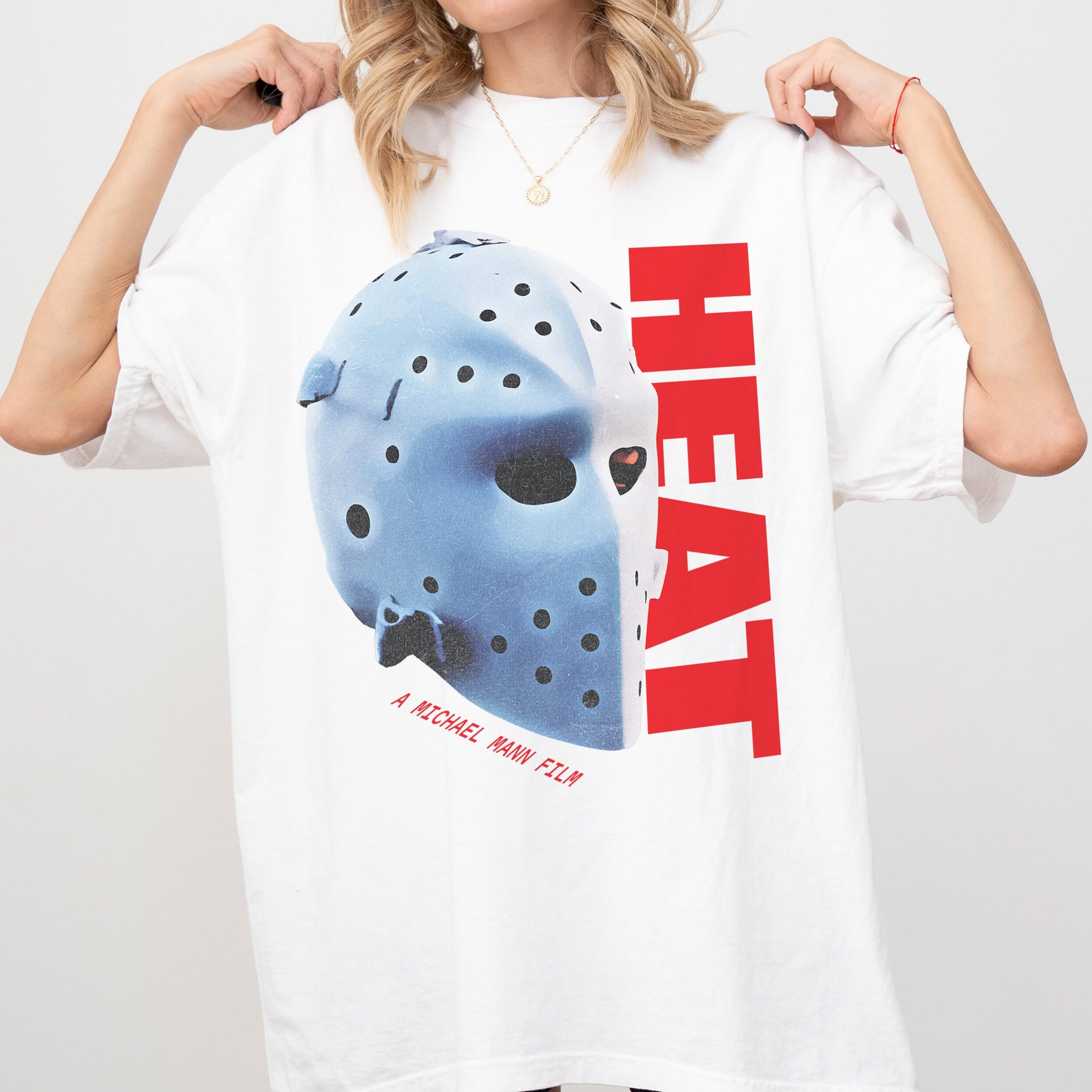 Retro 90s Action Graphic Tee – Heat-Inspired Hockey Mask T-Shirt