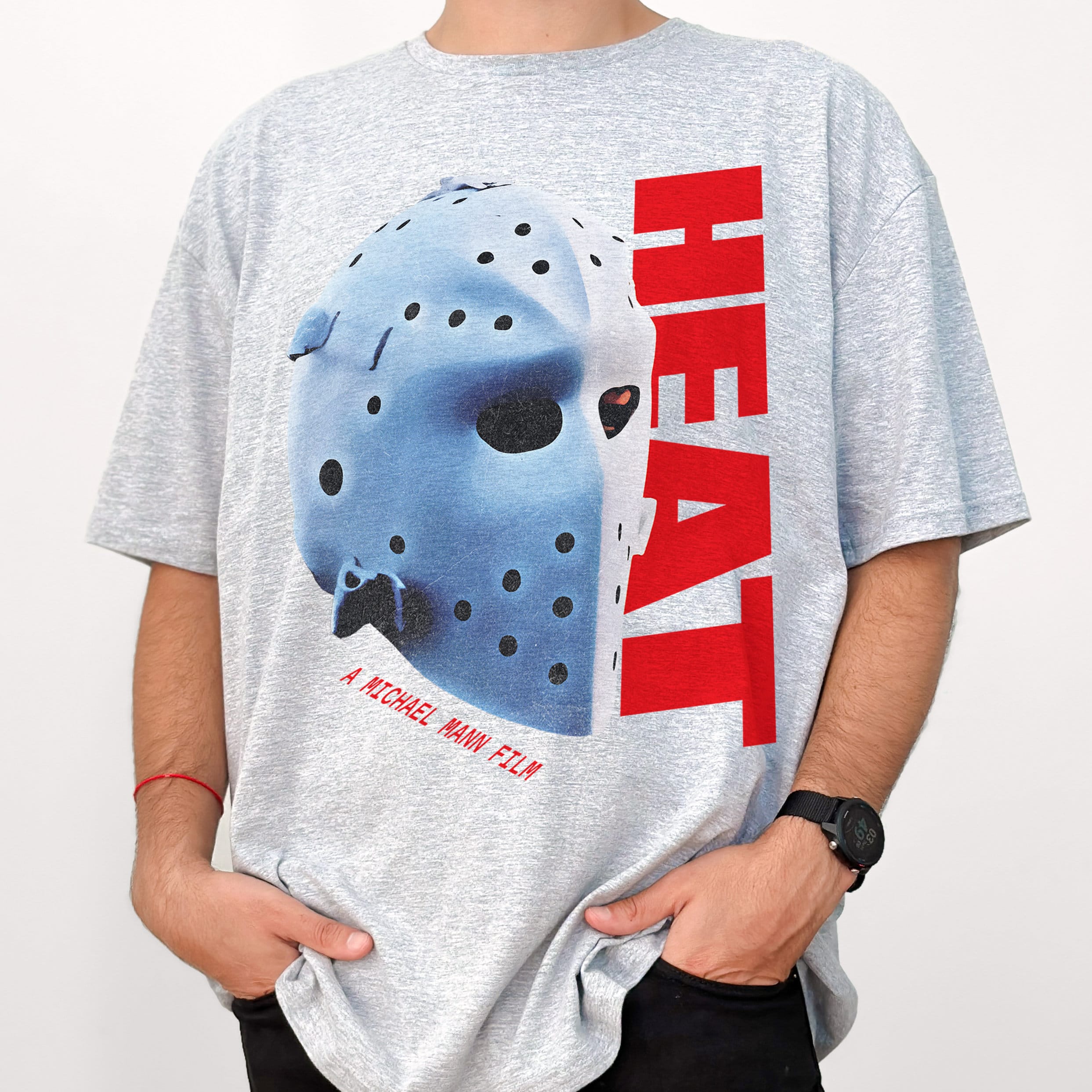 Retro 90s Action Graphic Tee – Heat-Inspired Hockey Mask T-Shirt