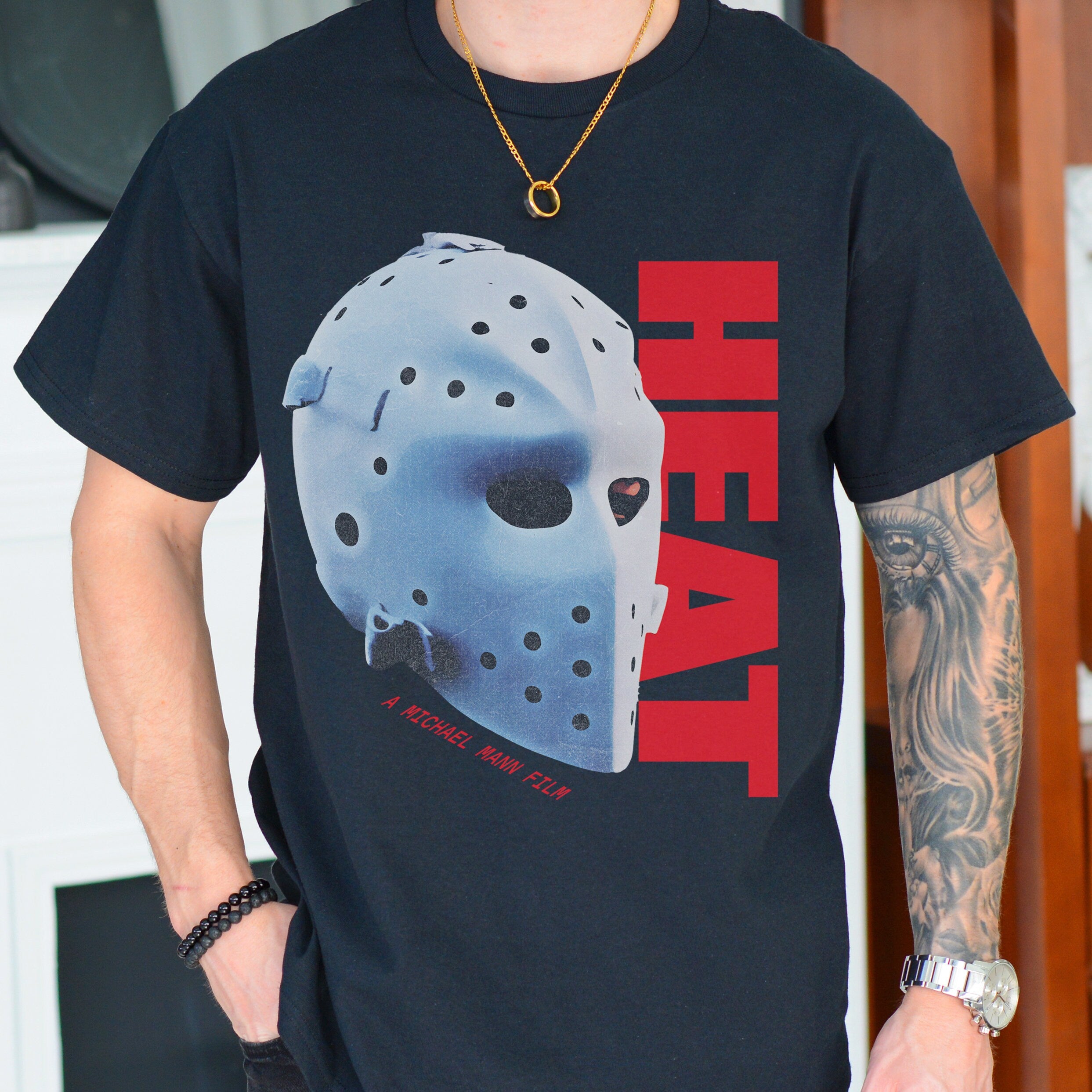 Retro 90s Action Graphic Tee – Heat-Inspired Hockey Mask T-Shirt