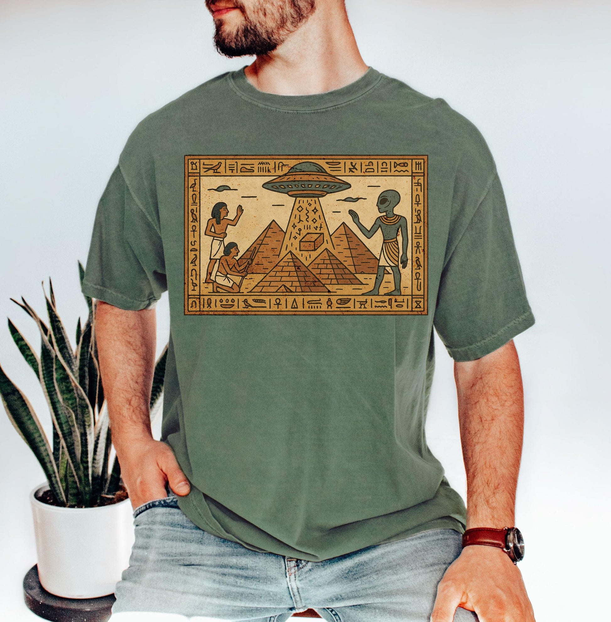 Ancient Astronaut UFO Pyramid Graphic T-Shirt – Vintage Alien Conspiracy Tee