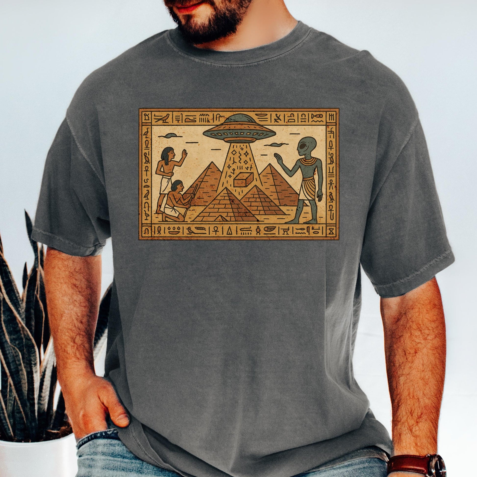 Ancient Astronaut UFO Pyramid Graphic T-Shirt – Vintage Alien Conspiracy Tee