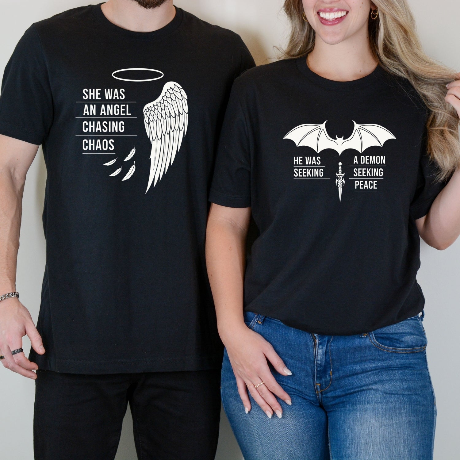 Angel Demon He Was A Demon Seeking Peace She Was An Angel Craving Chaos Matching T-Shirts For Couples