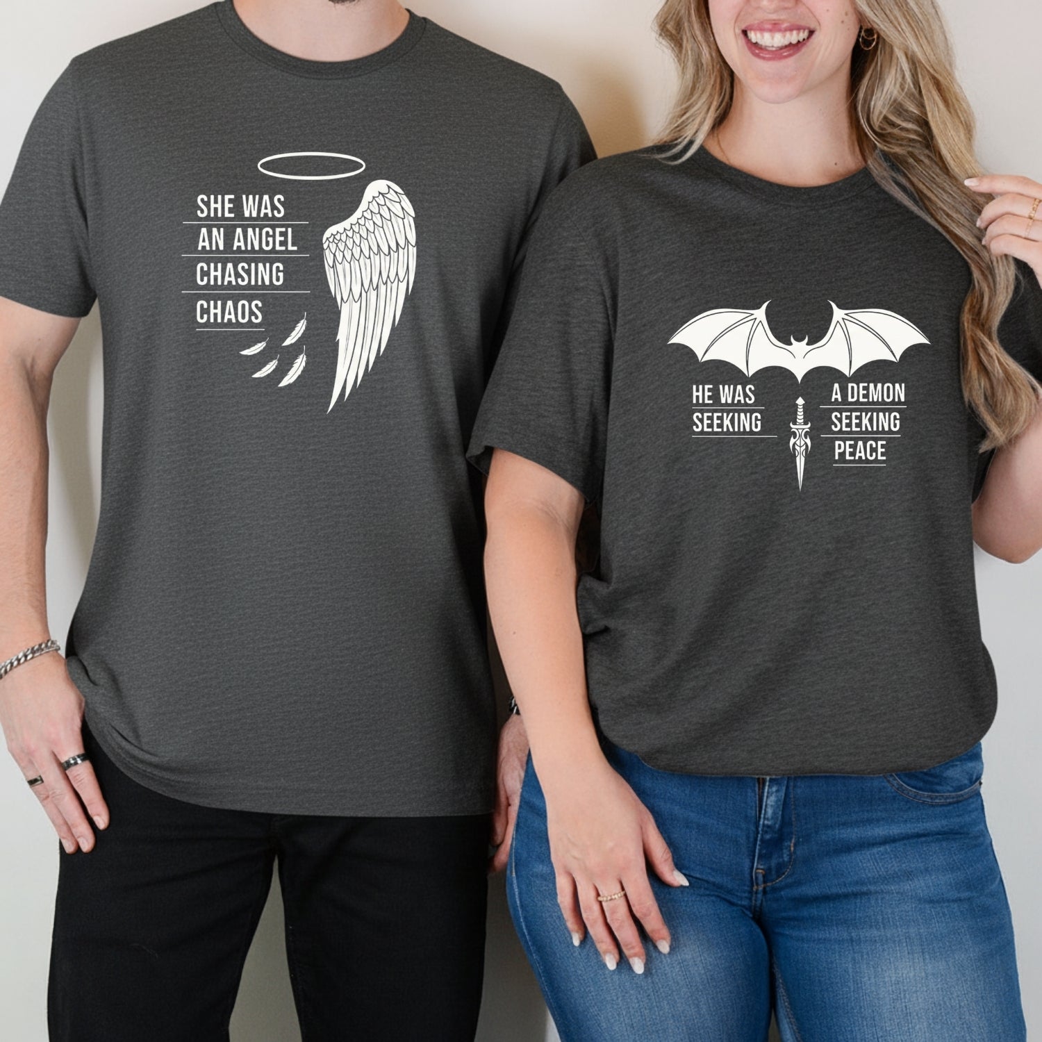 Angel Demon He Was A Demon Seeking Peace She Was An Angel Craving Chaos Matching T-Shirts For Couples