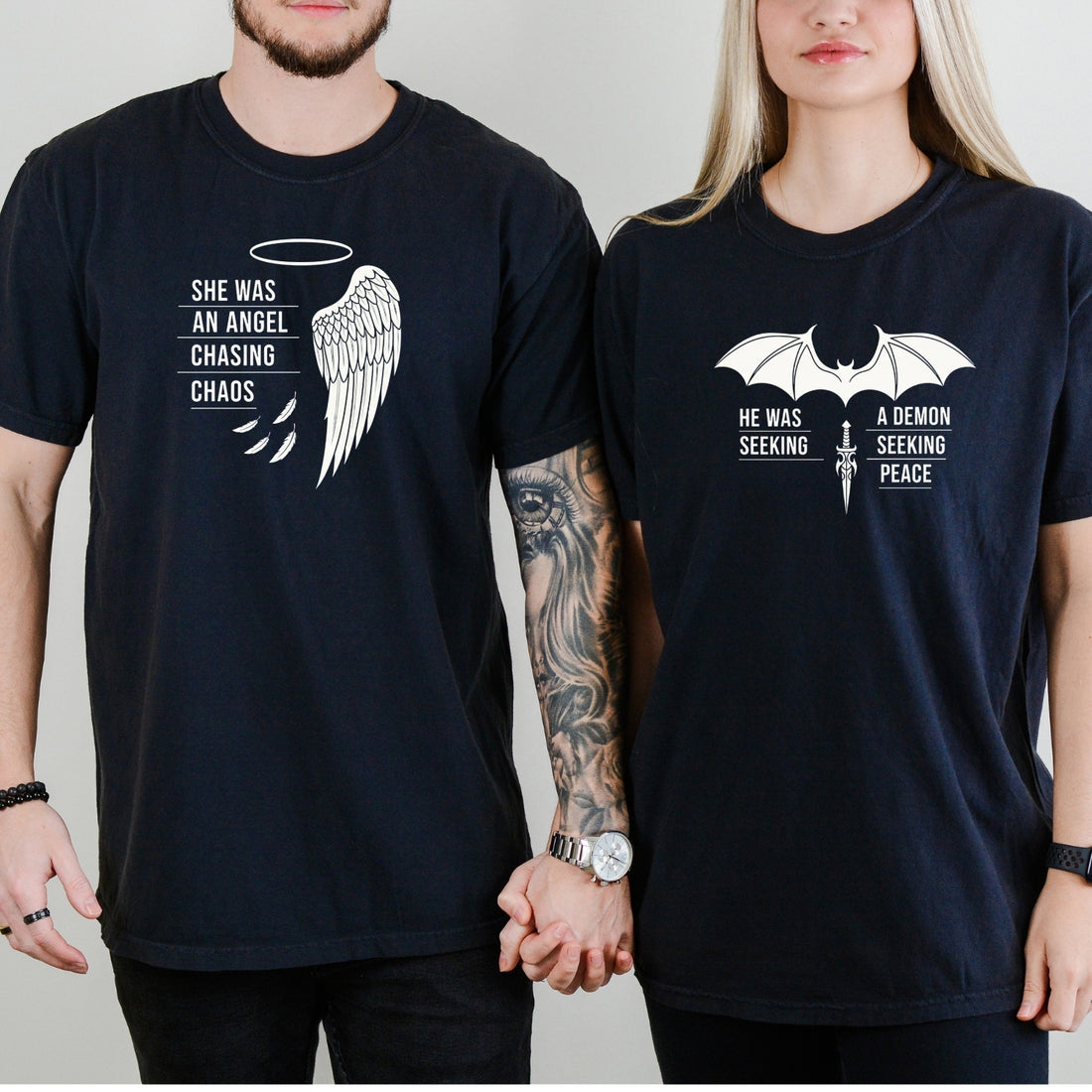 Angel Demon He Was A Demon Seeking Peace She Was An Angel Craving Chaos Matching T-Shirts For Couples