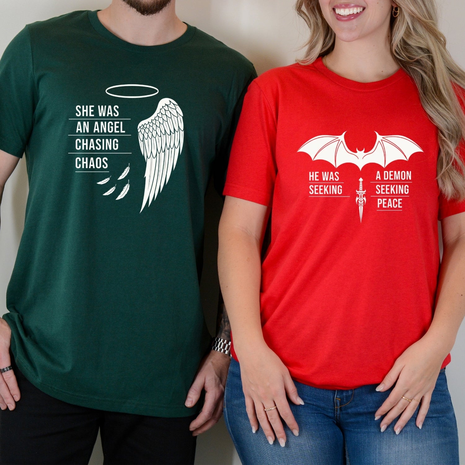 Angel Demon He Was A Demon Seeking Peace She Was An Angel Craving Chaos Matching T-Shirts For Couples