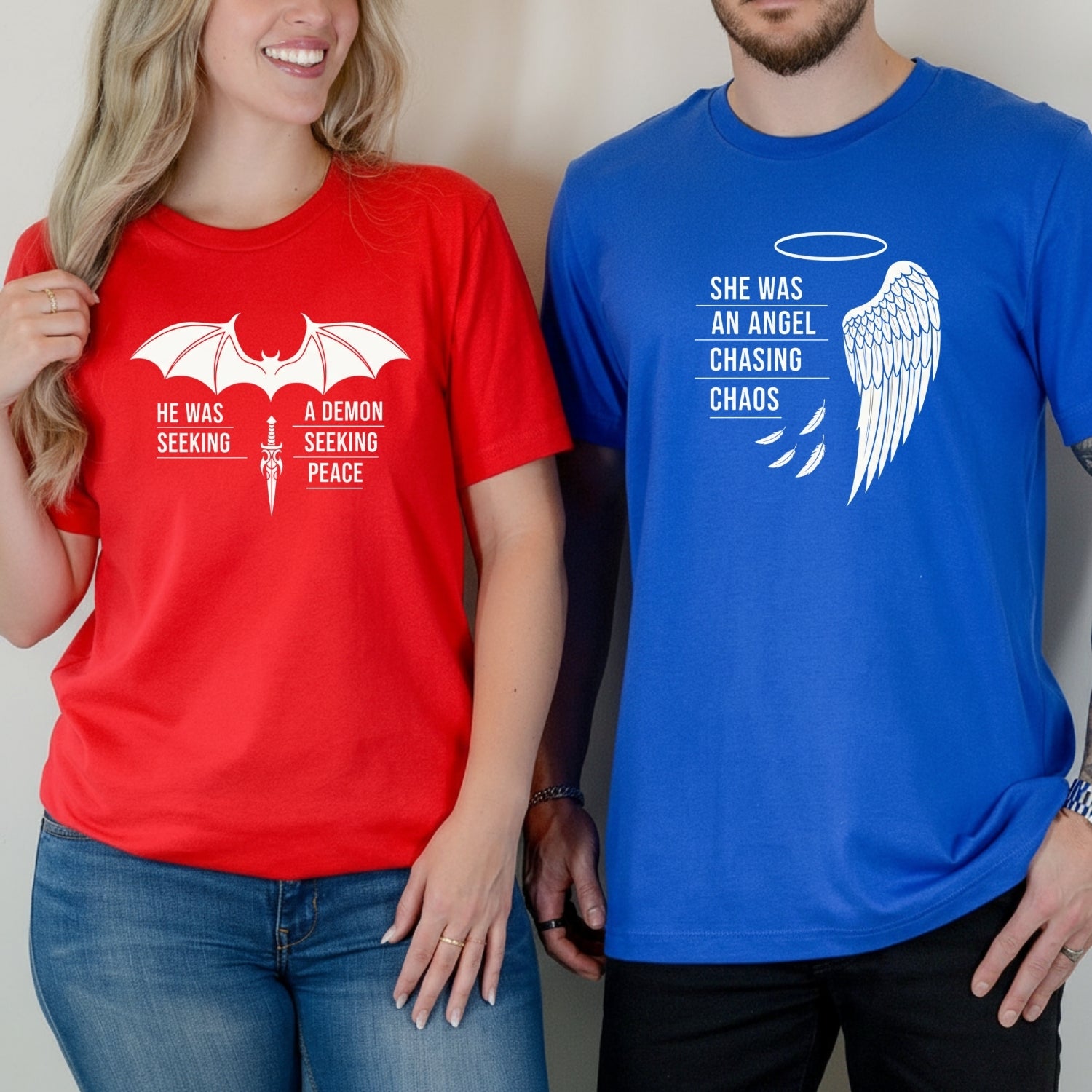 Angel Demon He Was A Demon Seeking Peace She Was An Angel Craving Chaos Matching T-Shirts For Couples