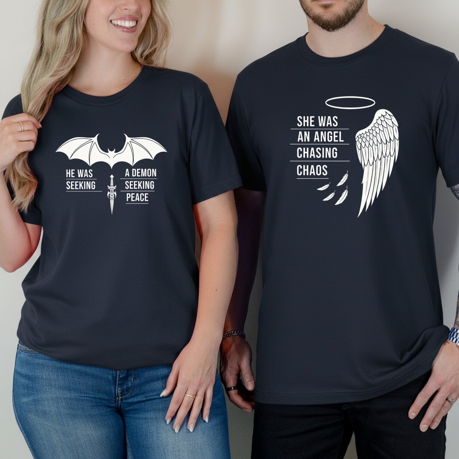 Angel Demon He Was A Demon Seeking Peace She Was An Angel Craving Chaos Matching T-Shirts For Couples