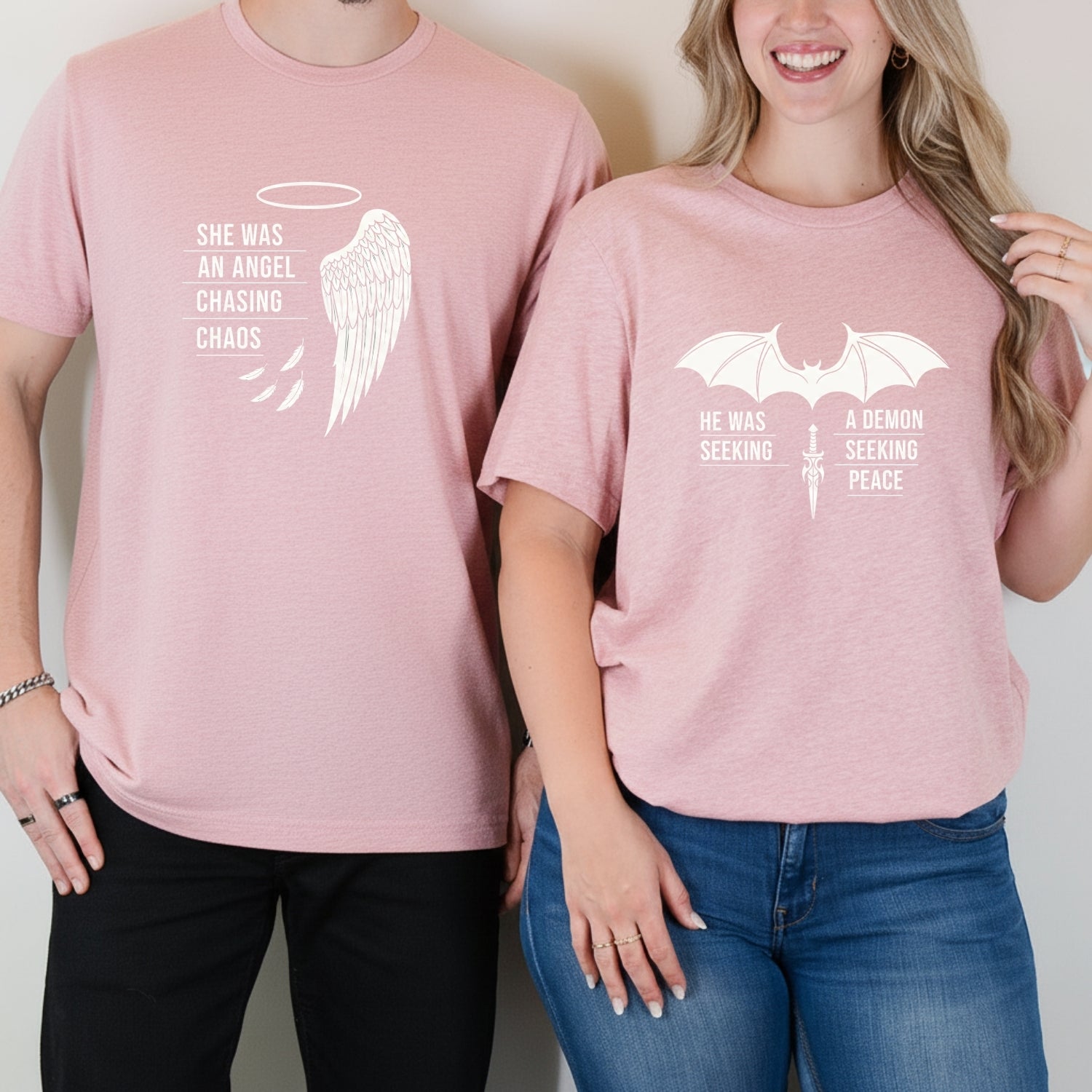 Angel Demon He Was A Demon Seeking Peace She Was An Angel Craving Chaos Matching T-Shirts For Couples