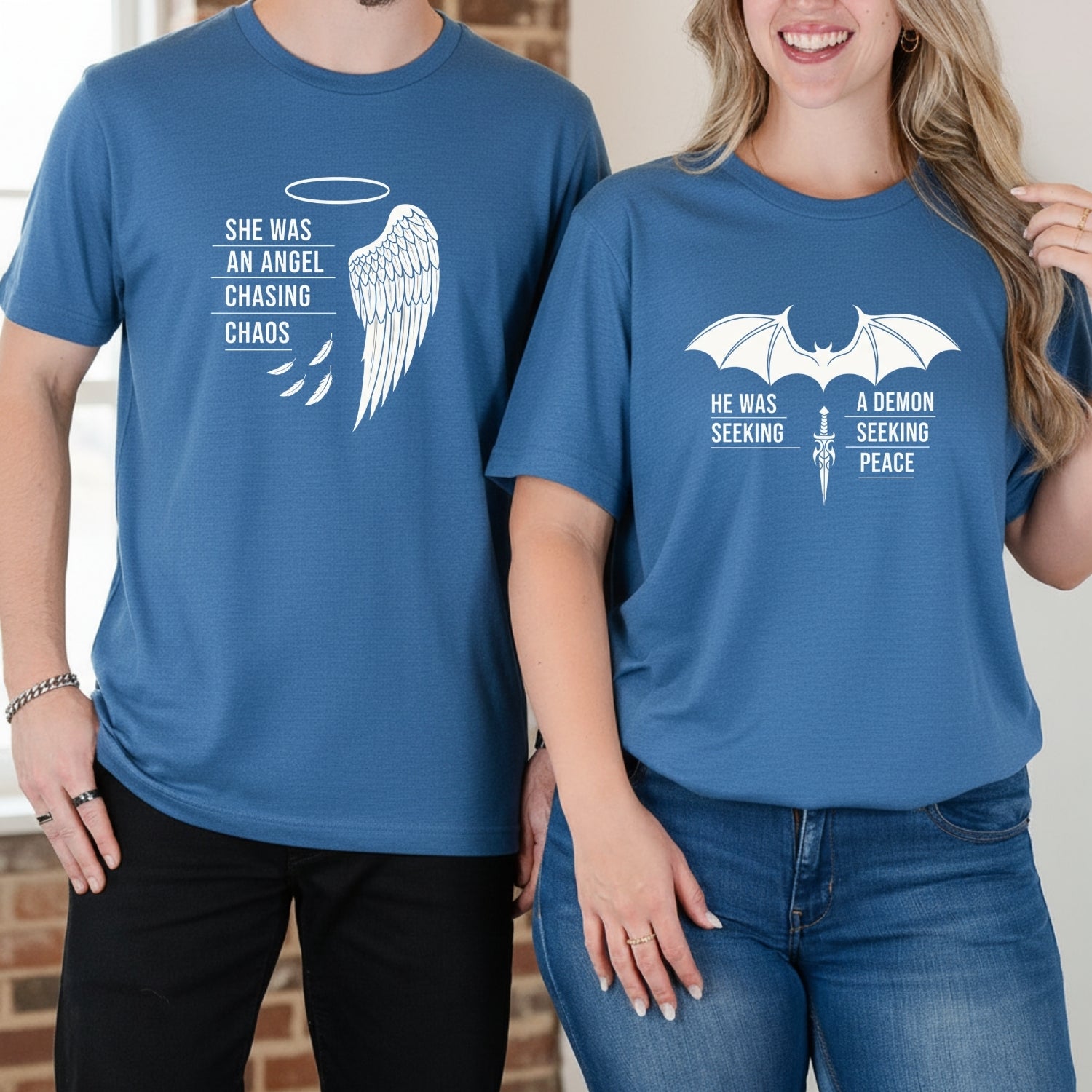 Angel Demon He Was A Demon Seeking Peace She Was An Angel Craving Chaos Matching T-Shirts For Couples