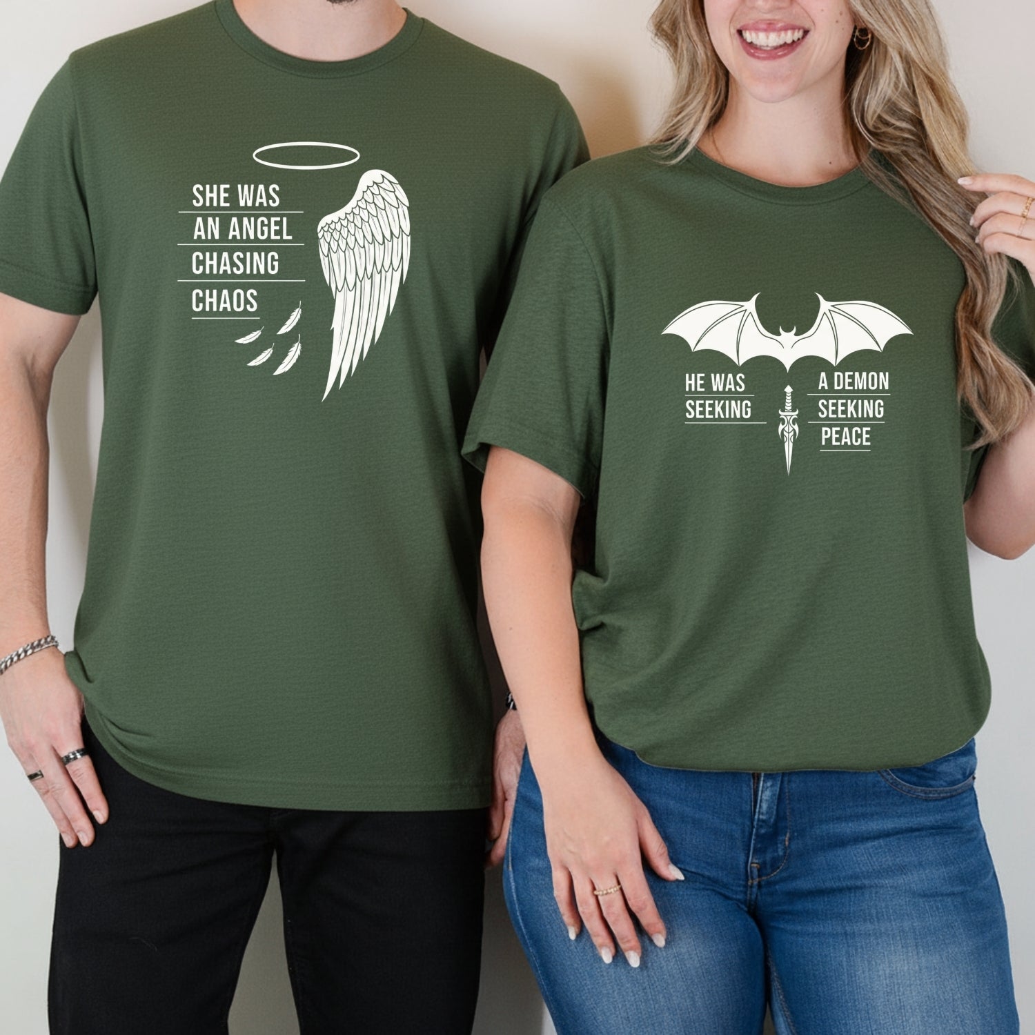 Angel Demon He Was A Demon Seeking Peace She Was An Angel Craving Chaos Matching T-Shirts For Couples