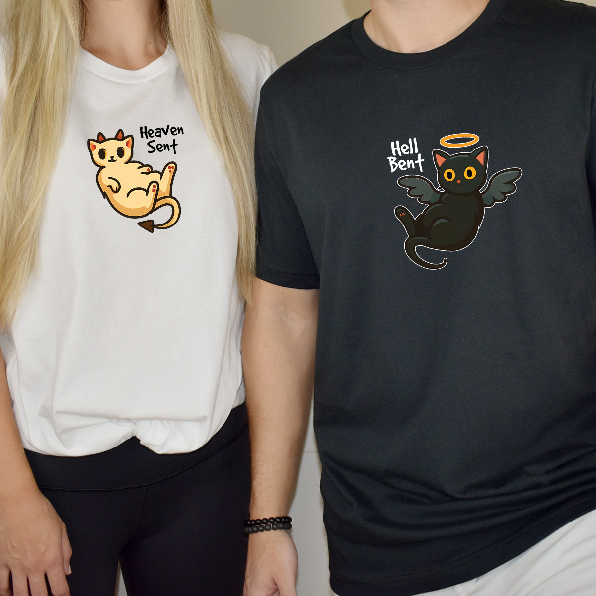 Angel Cat And Devil Cat Matching T-Shirts For Couples