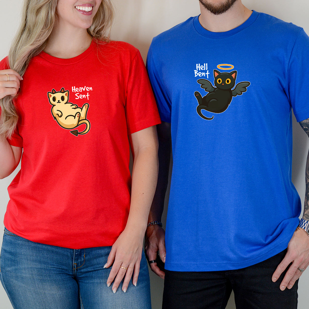 Angel Cat And Devil Cat Matching T-Shirts For Couples