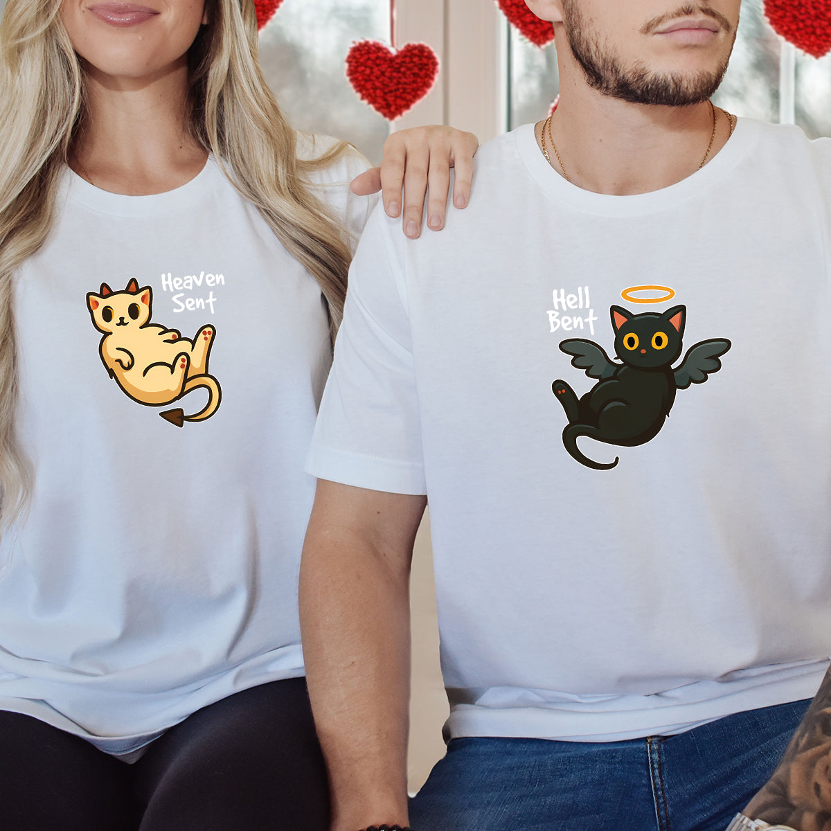 Angel Cat And Devil Cat Matching T-Shirts For Couples