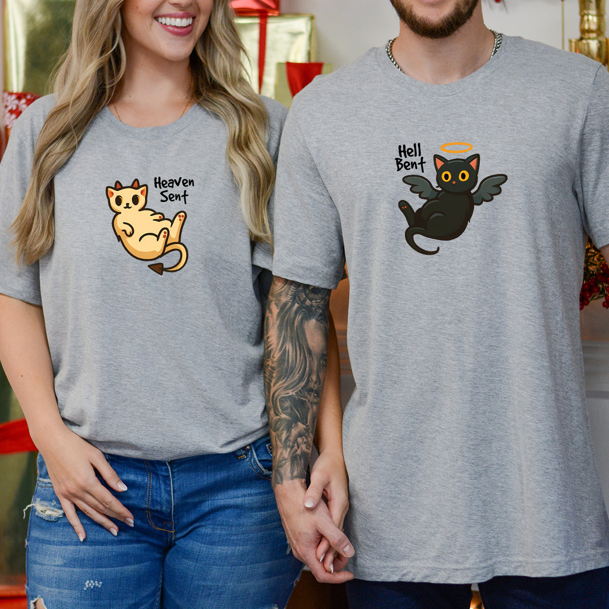 Angel Cat And Devil Cat Matching T-Shirts For Couples