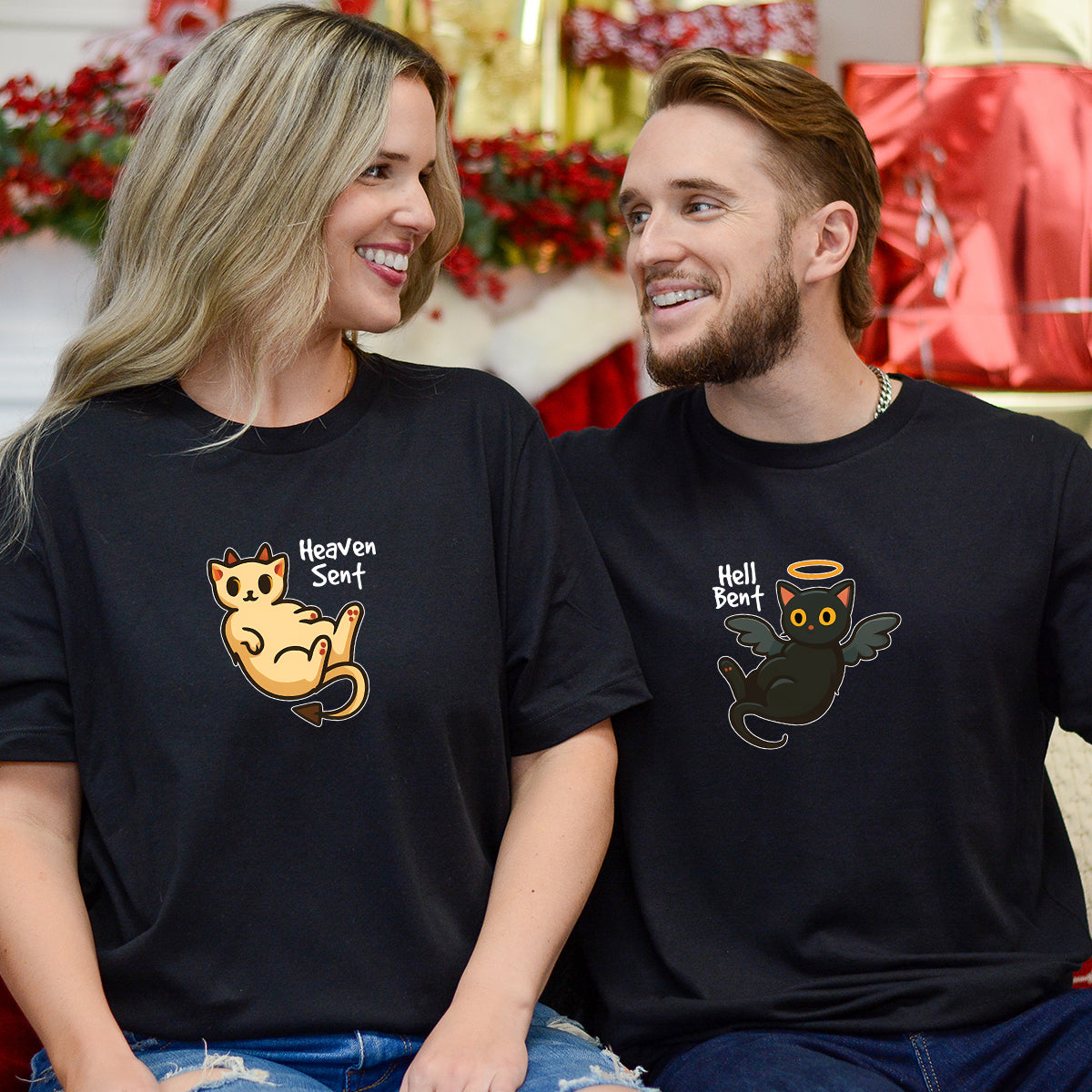 Angel Cat And Devil Cat Matching T-Shirts For Couples