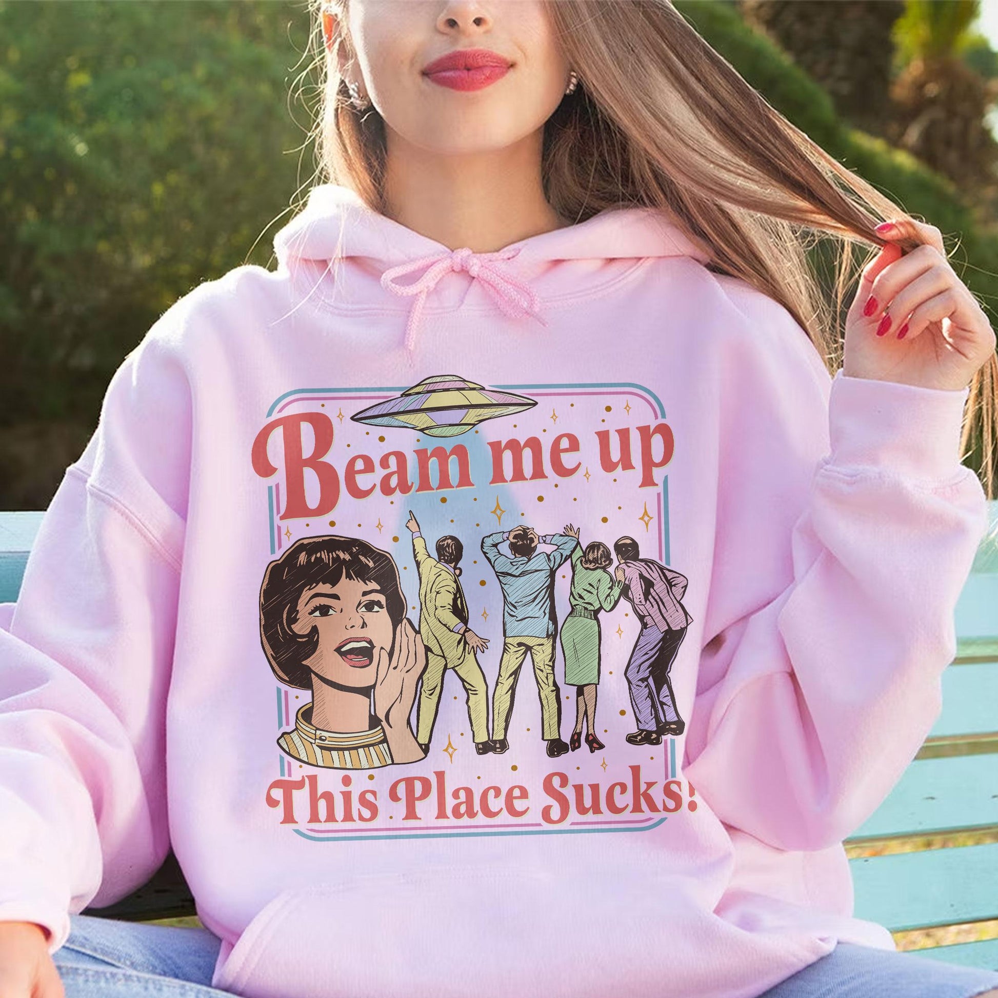Beam Me Up This Place Sucks Sweatshirt – Retro Alien UFO Abduction Space Humor Tee