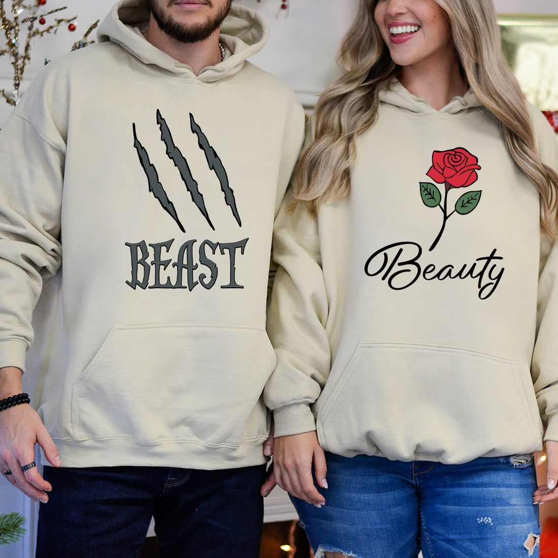 Beast and Beauty Rose Matching Hoodies For Couples