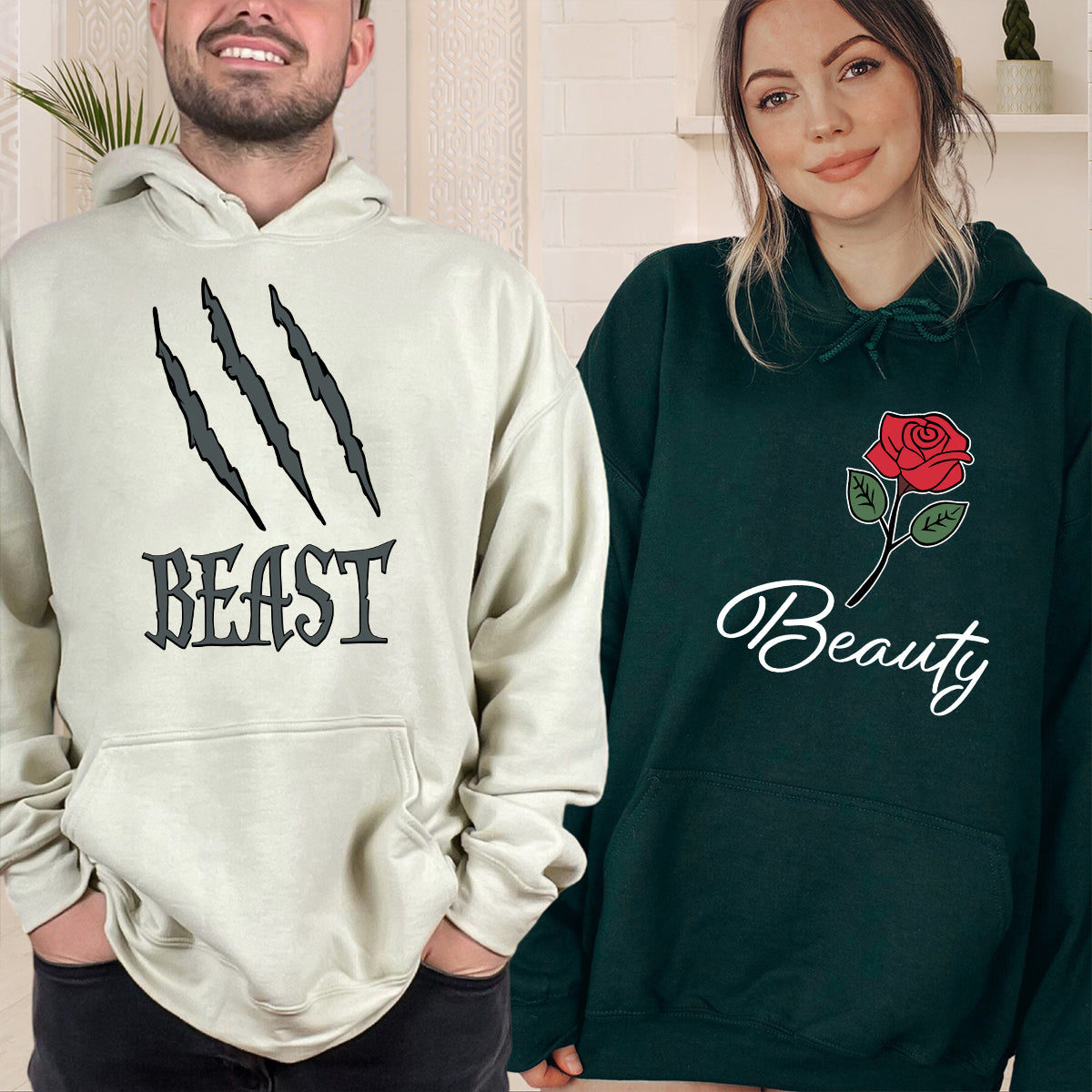 Beast and Beauty Rose Matching Hoodies For Couples