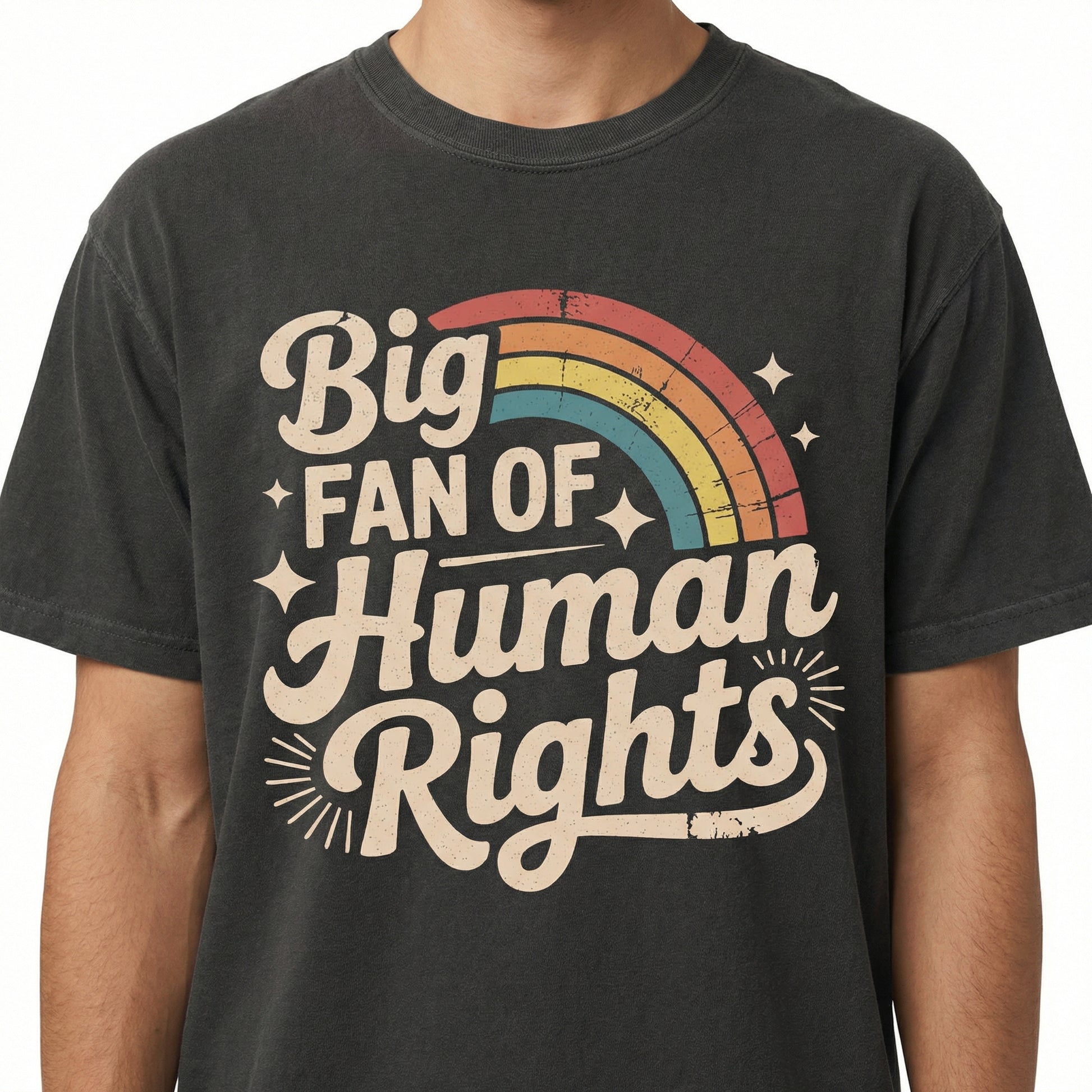 Big Fan of Human Rights Graphic T-Shirt – Retro Rainbow Message Tee