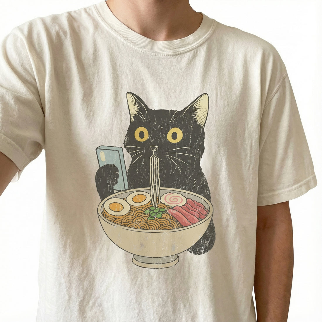 Cat Ramen Graphic T-Shirt – Funny Cat Eating Ramen Tee – Vintage Style Cat Lover Shirt