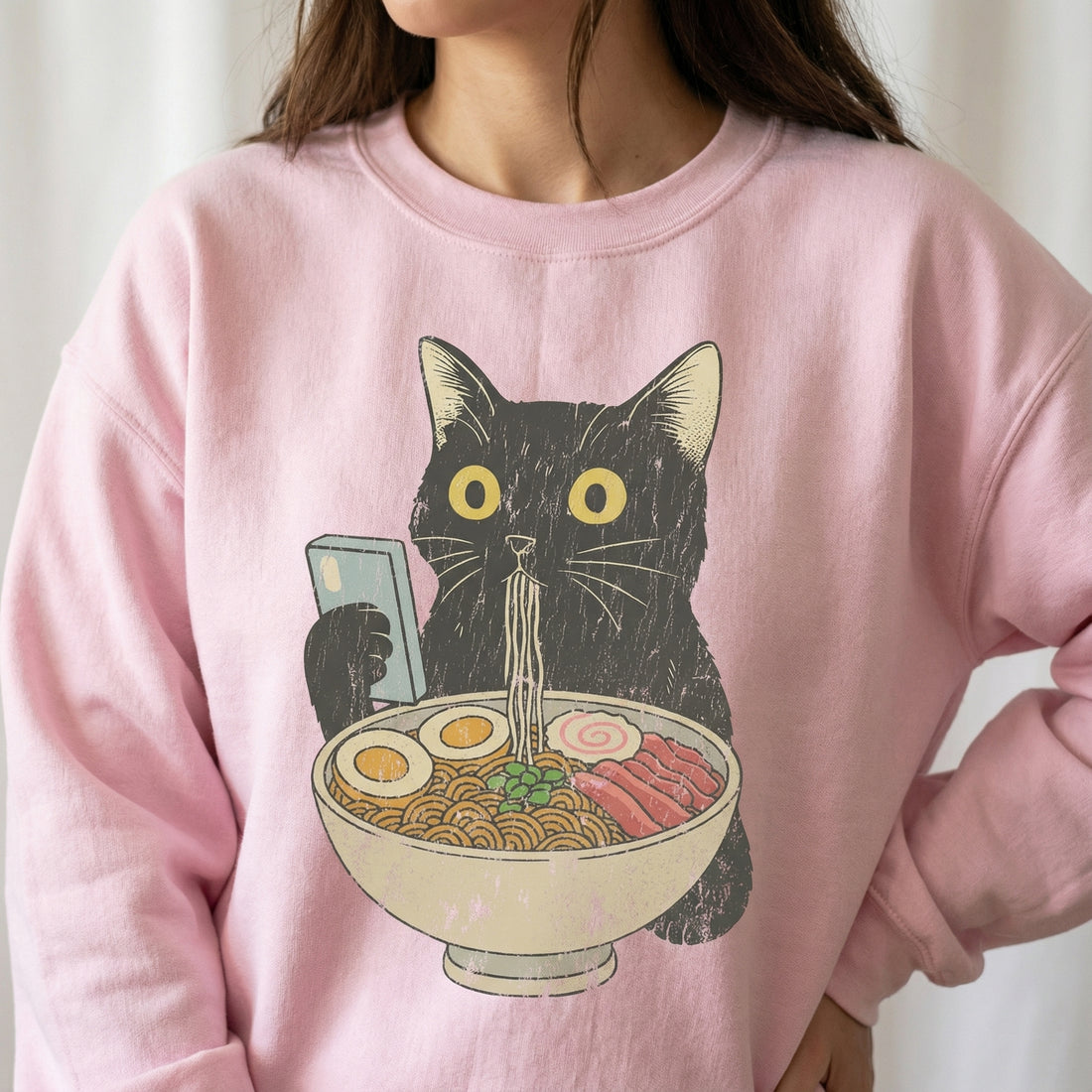 Cat Ramen Graphic T-Shirt – Funny Cat Eating Ramen Tee – Vintage Style Cat Lover Shirt