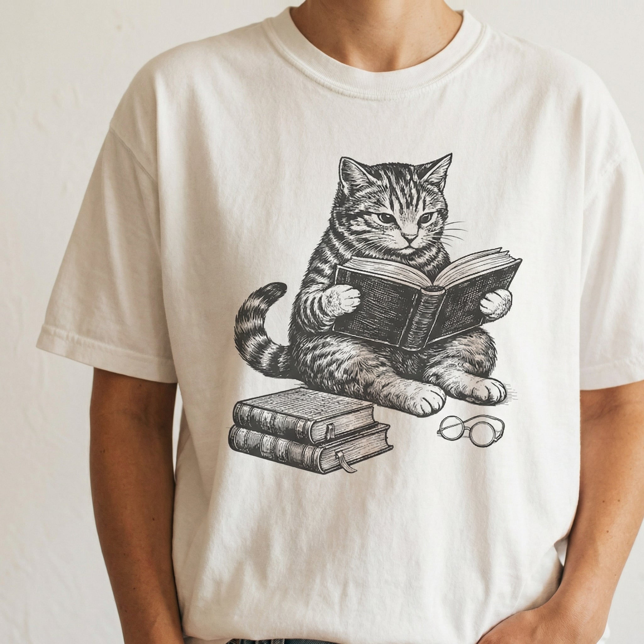 Cat Reading Book Graphic T-Shirt – Cute Book Lover Tee