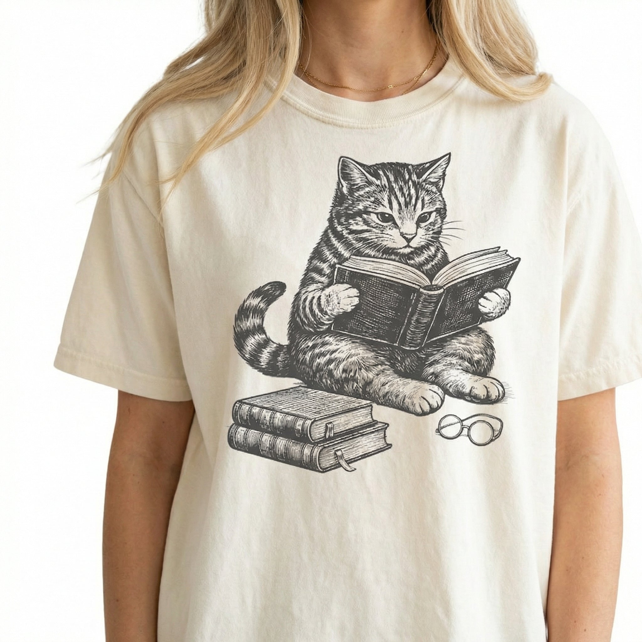 Cat Reading Book Graphic T-Shirt – Cute Book Lover Tee