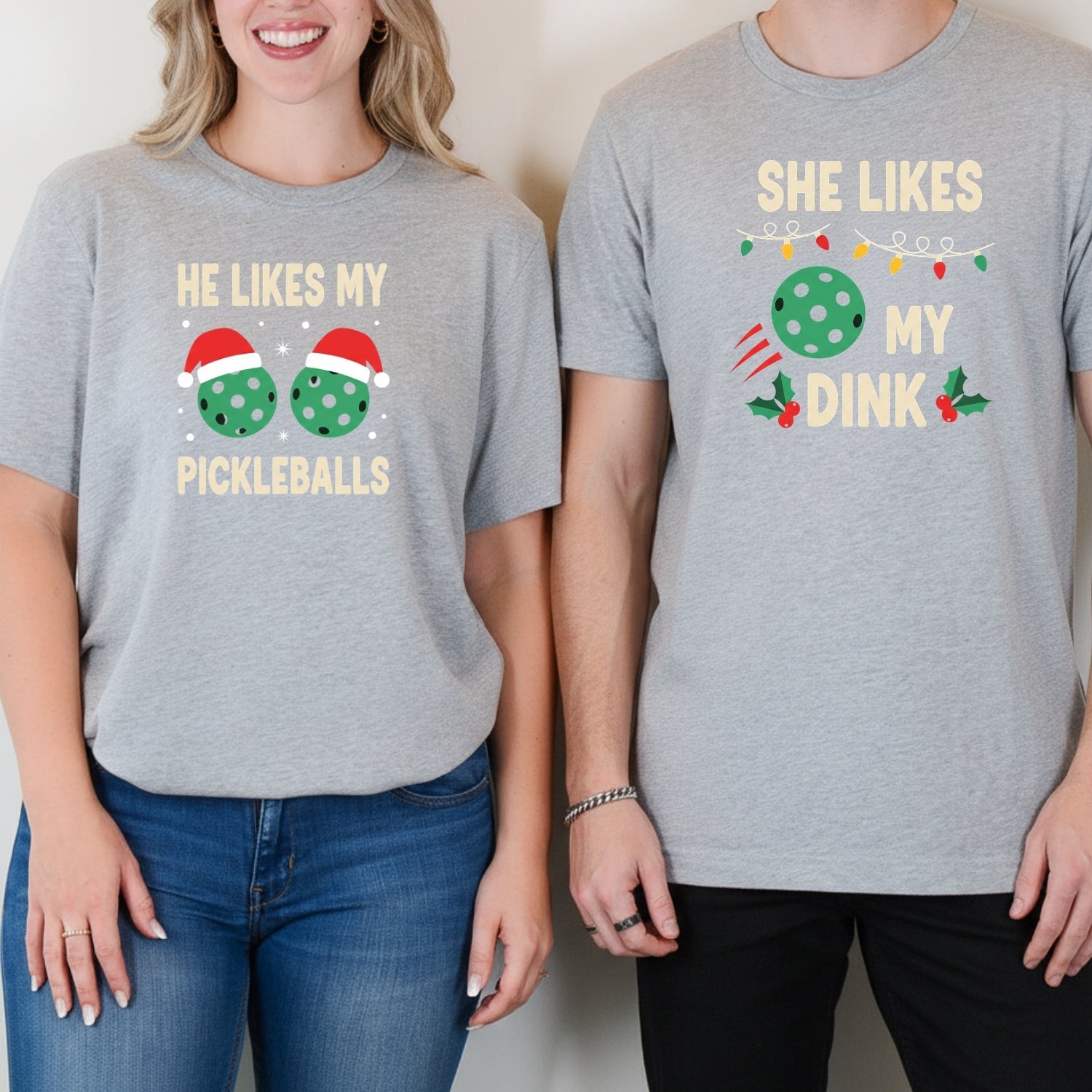 Christmas Funny He Likes My Pickleballs She Likes My Dink Matching T-Shirts For Couples