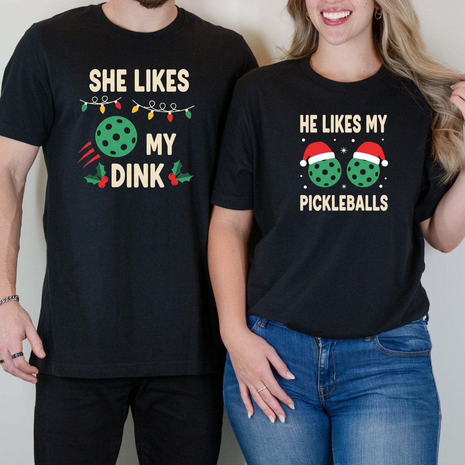 Christmas Funny He Likes My Pickleballs She Likes My Dink Matching T-Shirts For Couples