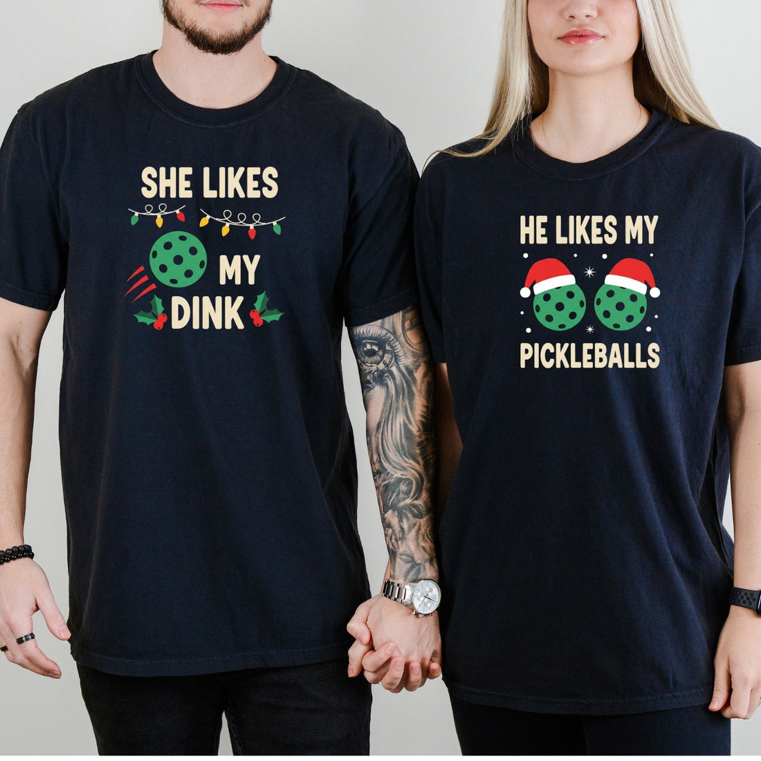 Christmas Funny He Likes My Pickleballs She Likes My Dink Matching T-Shirts For Couples