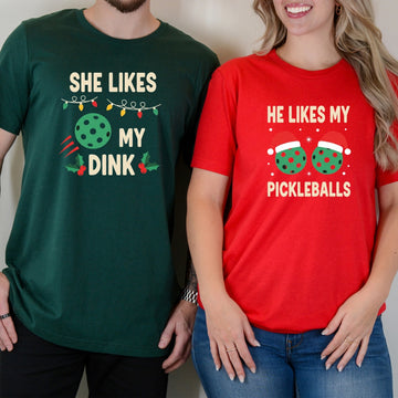 Christmas Funny He Likes My Pickleballs She Likes My Dink Matching T-Shirts For Couples