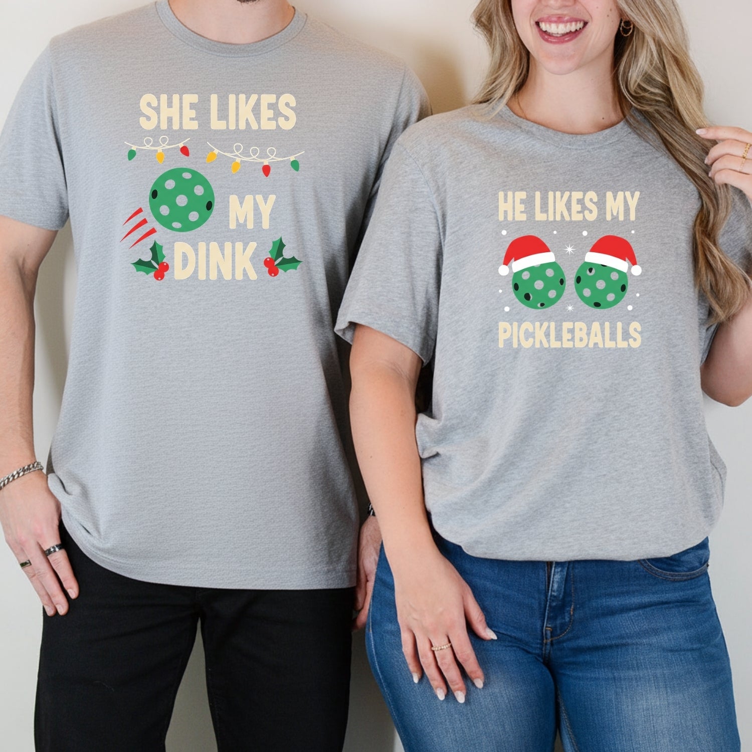 Christmas Funny He Likes My Pickleballs She Likes My Dink Matching T-Shirts For Couples
