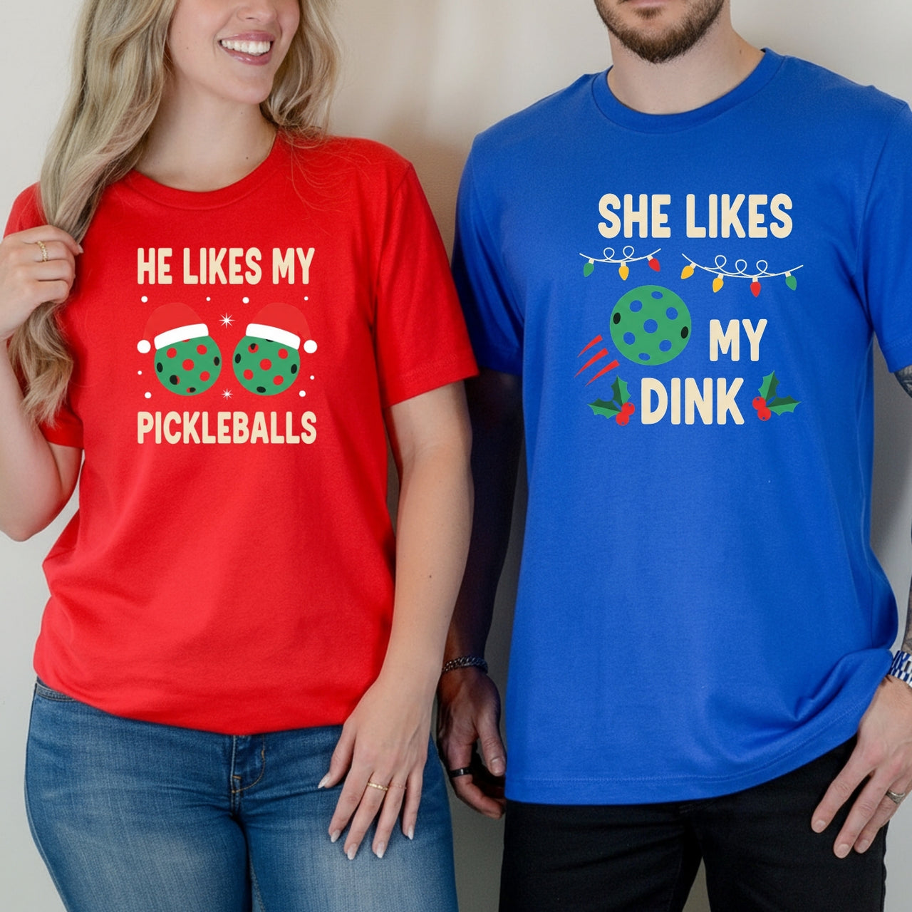 Christmas Funny He Likes My Pickleballs She Likes My Dink Matching T-Shirts For Couples