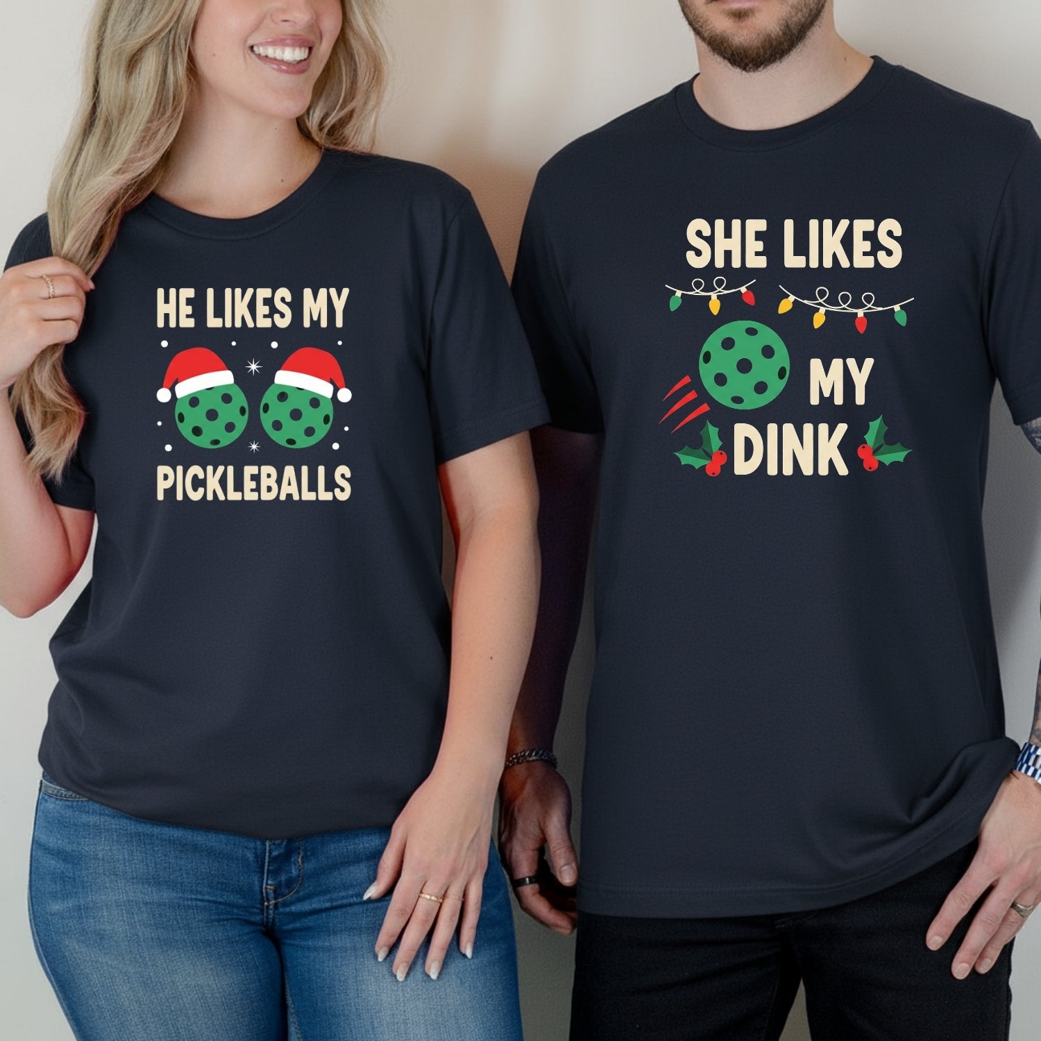 Christmas Funny He Likes My Pickleballs She Likes My Dink Matching T-Shirts For Couples