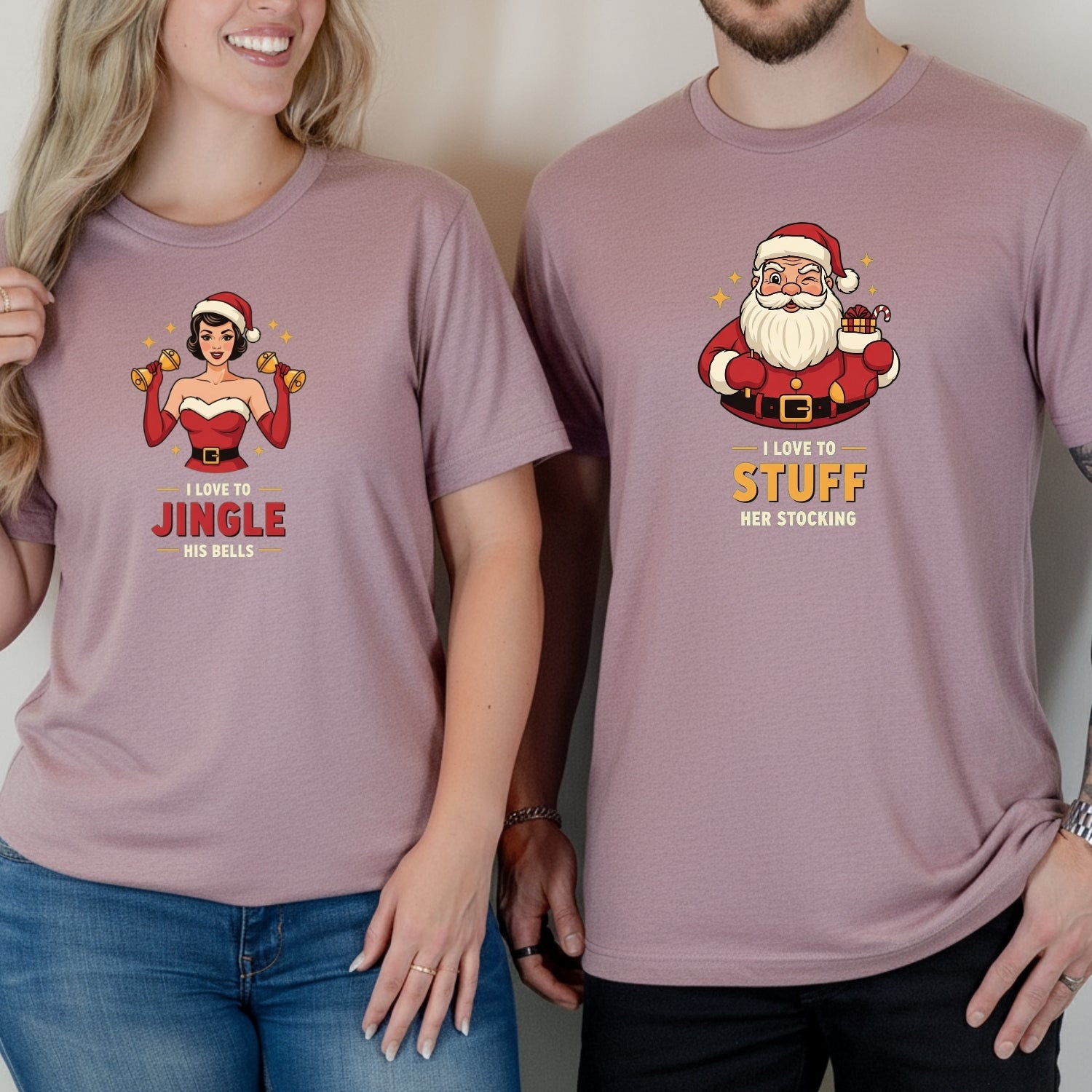 Christmas I Love To Stuff Her Stocking Love Yo Jingle His Bells Matching T-Shirts For Couples