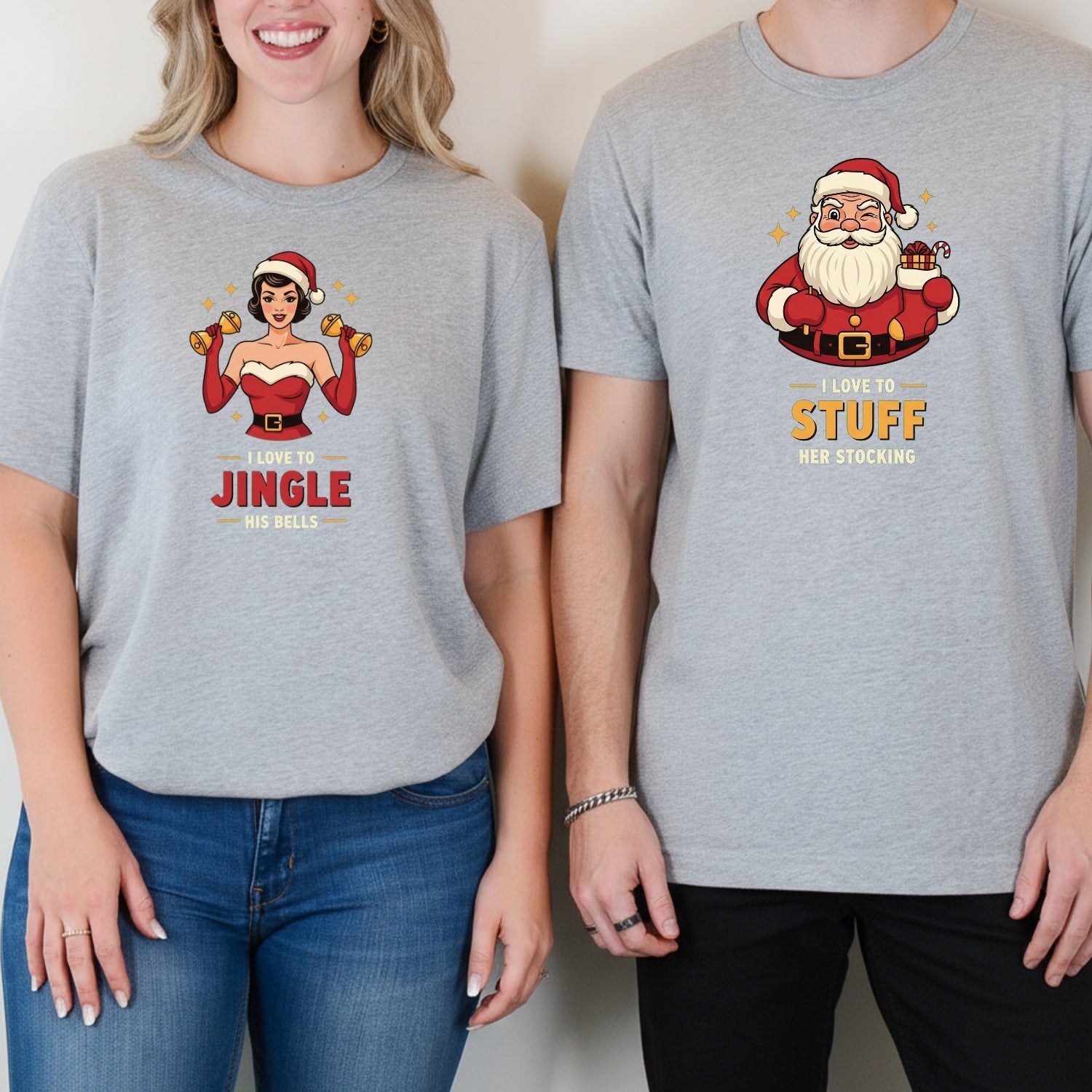 Christmas I Love To Stuff Her Stocking Love Yo Jingle His Bells Matching T-Shirts For Couples