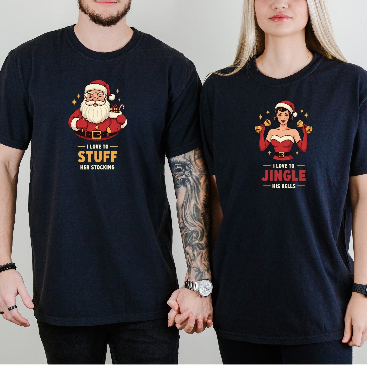 Christmas I Love To Stuff Her Stocking Love Yo Jingle His Bells Matching T-Shirts For Couples