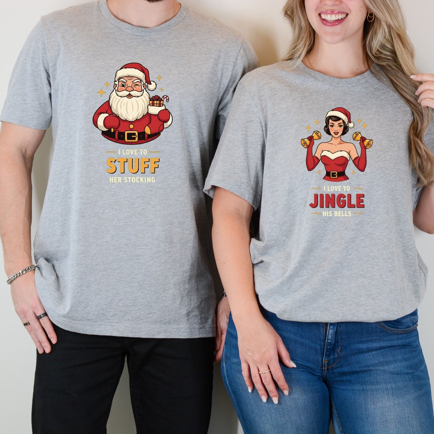 Christmas I Love To Stuff Her Stocking Love Yo Jingle His Bells Matching T-Shirts For Couples