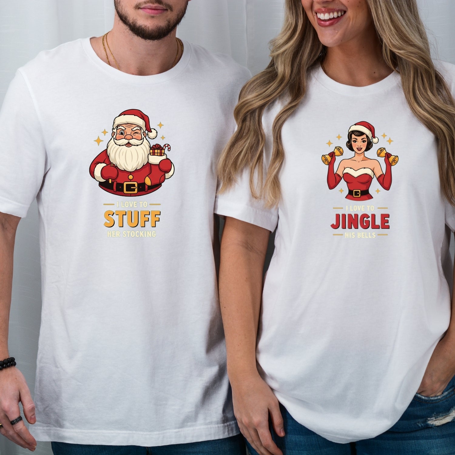 Christmas I Love To Stuff Her Stocking Love Yo Jingle His Bells Matching T-Shirts For Couples