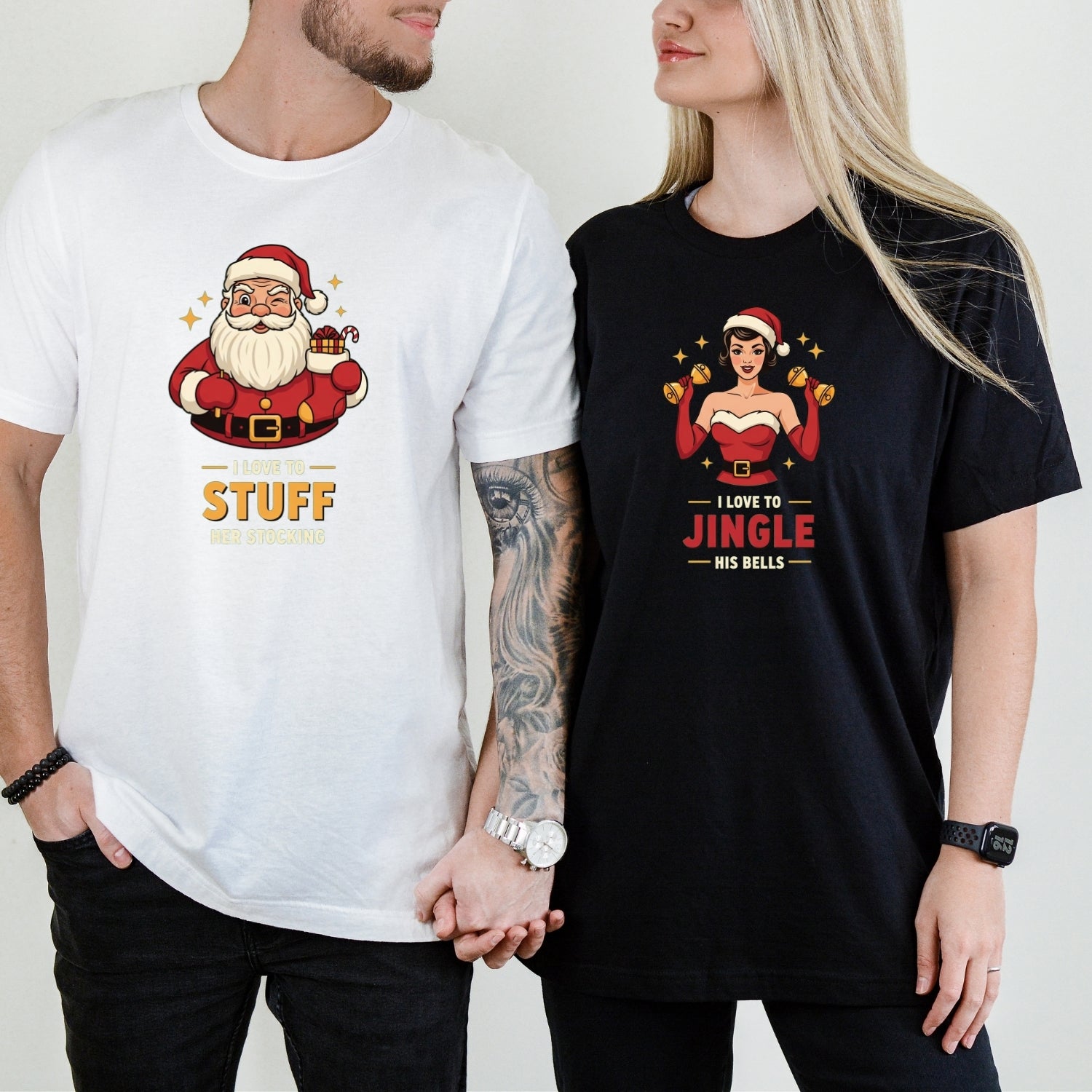 Christmas I Love To Stuff Her Stocking Love Yo Jingle His Bells Matching T-Shirts For Couples