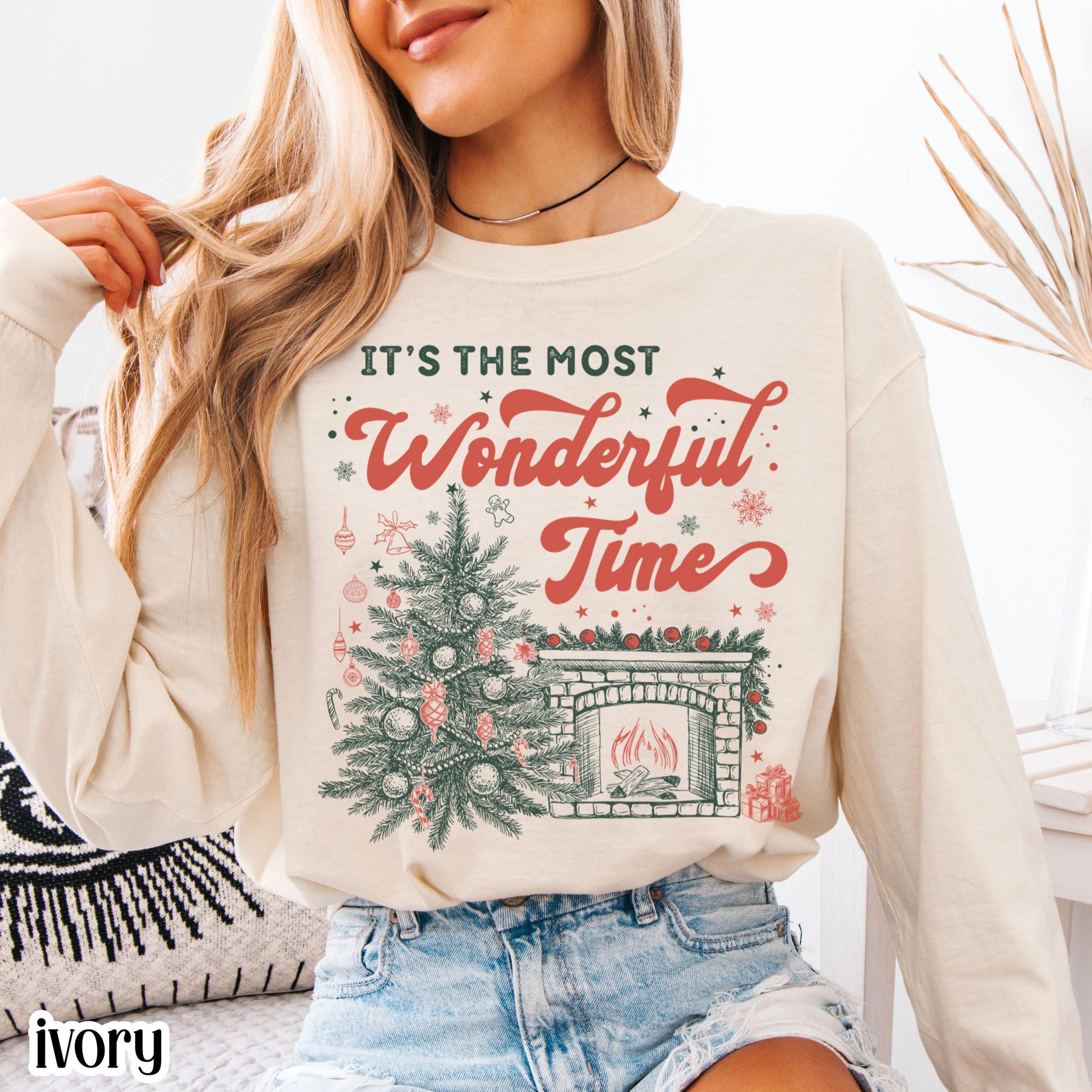 Christmas Long Sleeve Shirt – Wonderful Time of Year Holiday Tee, Festive Christmas Tree Reader Graphic Top for Women