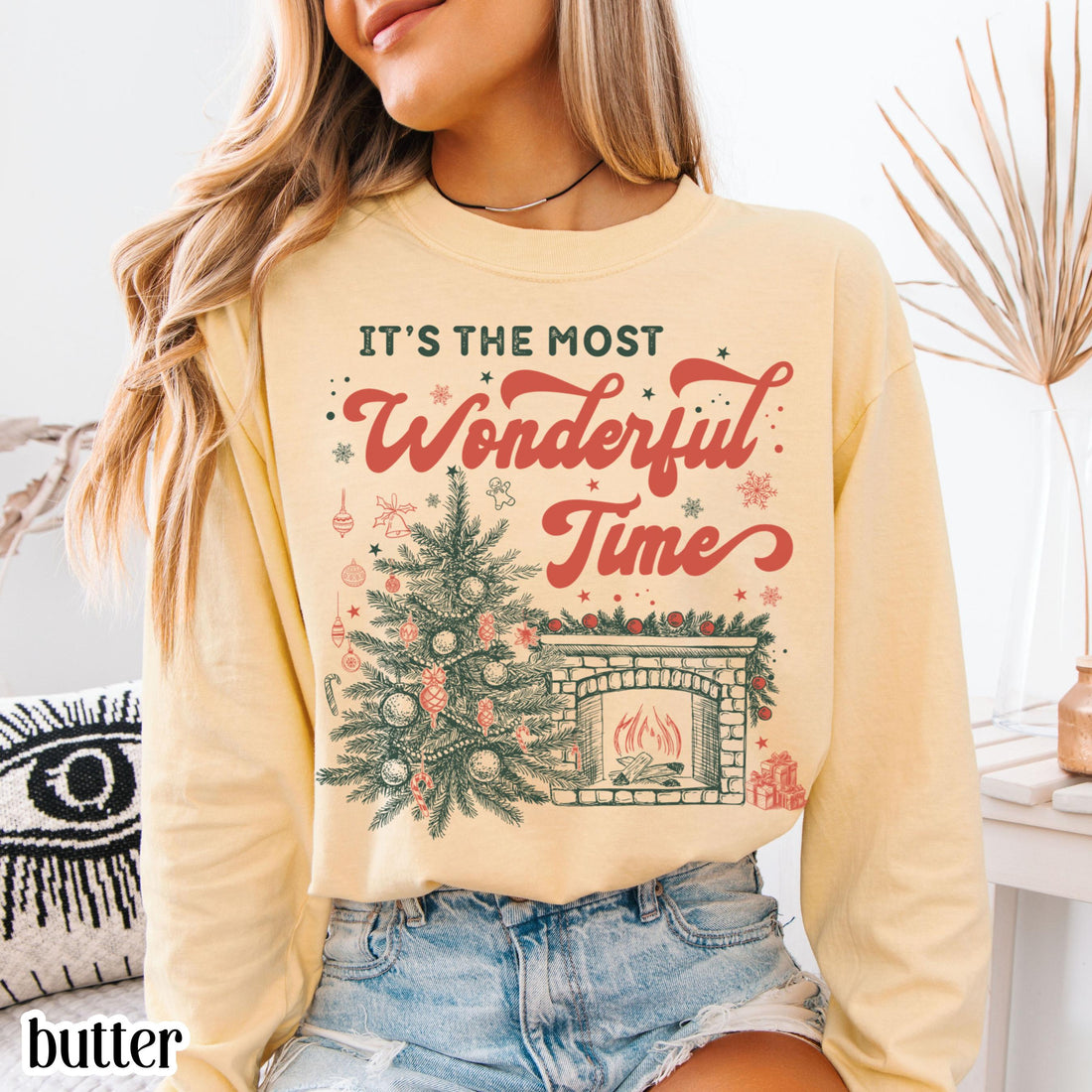 Christmas Long Sleeve Shirt – Wonderful Time of Year Holiday Tee, Festive Christmas Tree Reader Graphic Top for Women